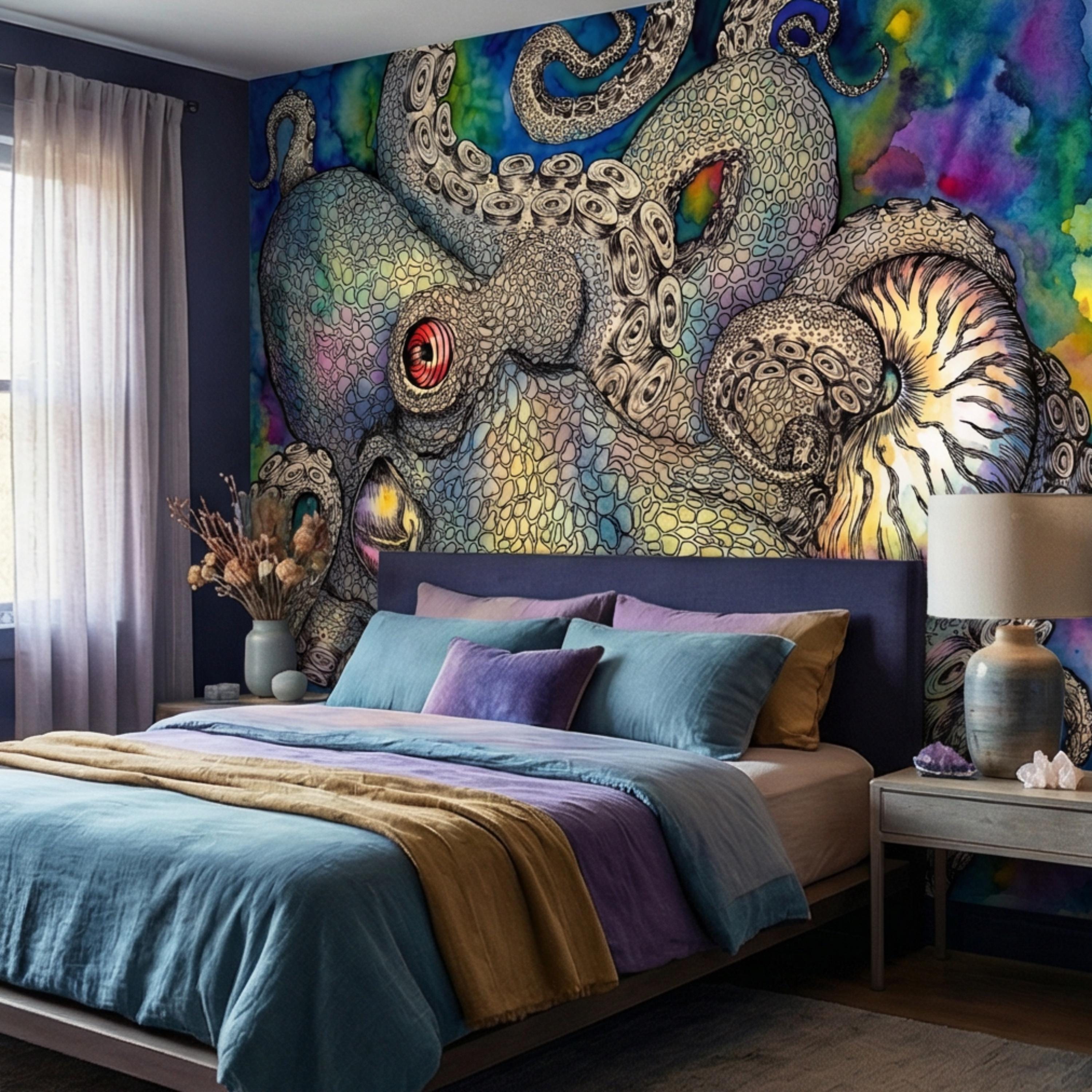 Majestic Octopus Peel and Stick Wall Mural, Colorful Abstract Marine Art Wallpaper, Bold Nautical Ocean Statement Wall Decor