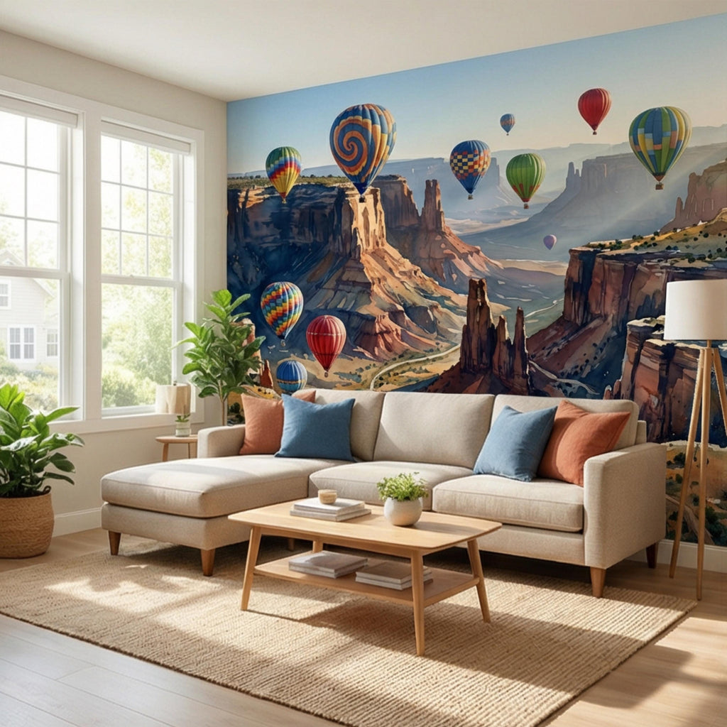 Grand Canyon Hot Air Balloons Peel and Stick Wall Mural, Colorful Southwest Desert Landscape Wallpaper, Monument Valley Scenic Wall Decor