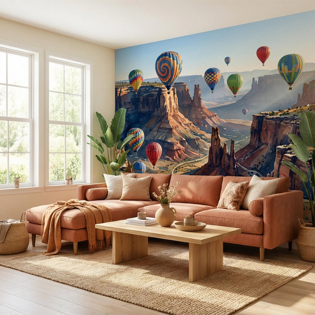Grand Canyon Hot Air Balloons Peel and Stick Wall Mural, Colorful Southwest Desert Landscape Wallpaper, Monument Valley Scenic Wall Decor