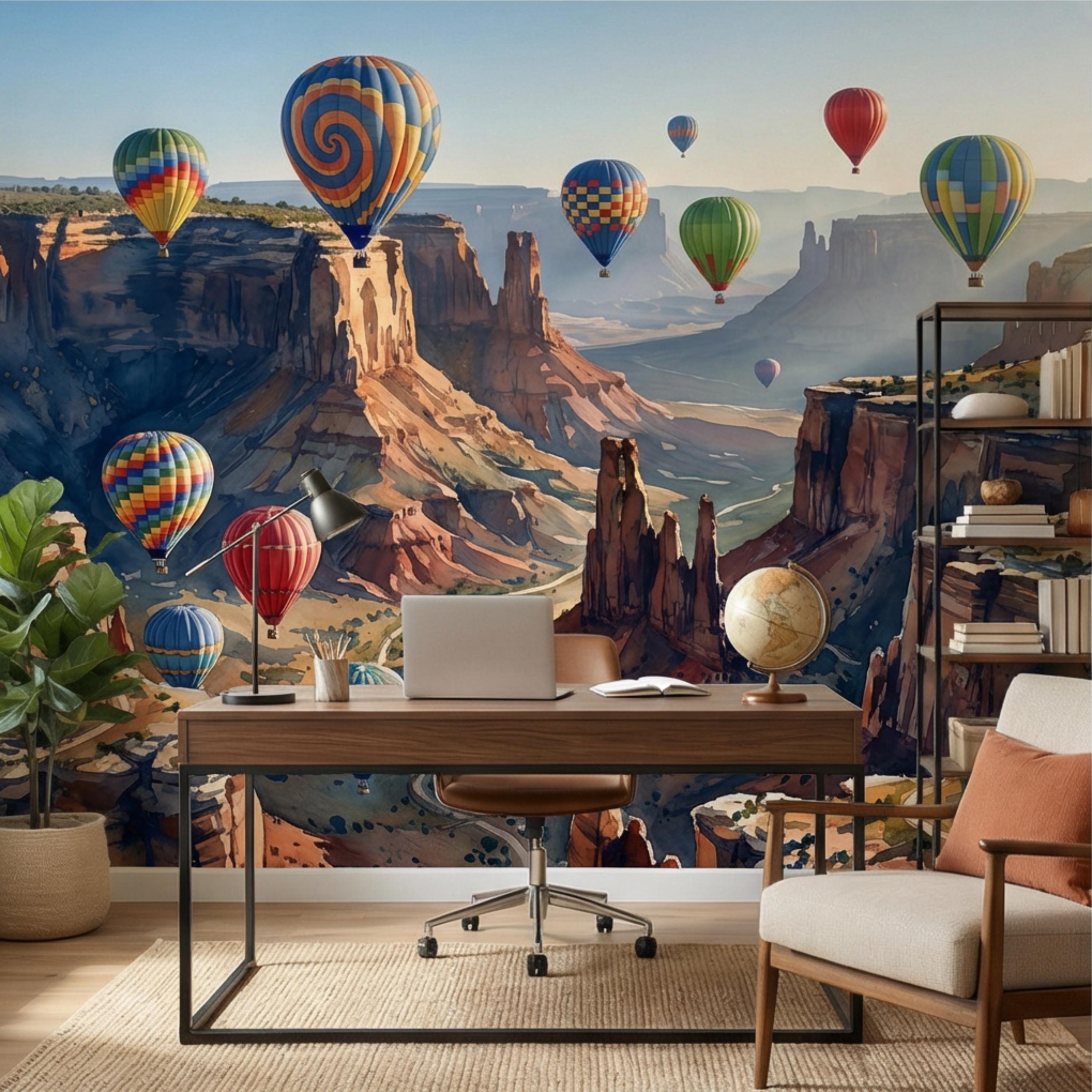 Grand Canyon Hot Air Balloons Peel and Stick Wall Mural, Colorful Southwest Desert Landscape Wallpaper, Monument Valley Scenic Wall Decor