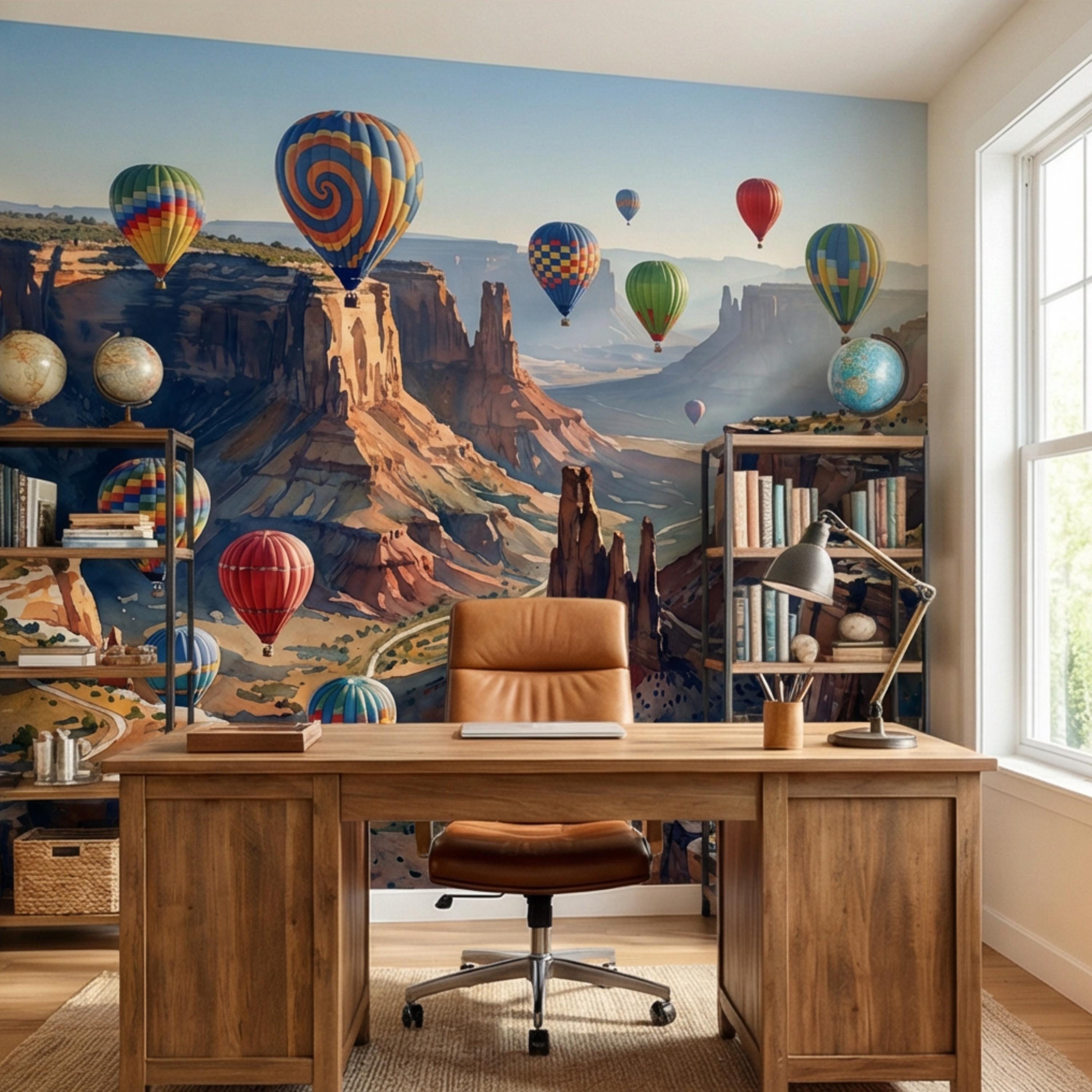 Grand Canyon Hot Air Balloons Peel and Stick Wall Mural, Colorful Southwest Desert Landscape Wallpaper, Monument Valley Scenic Wall Decor
