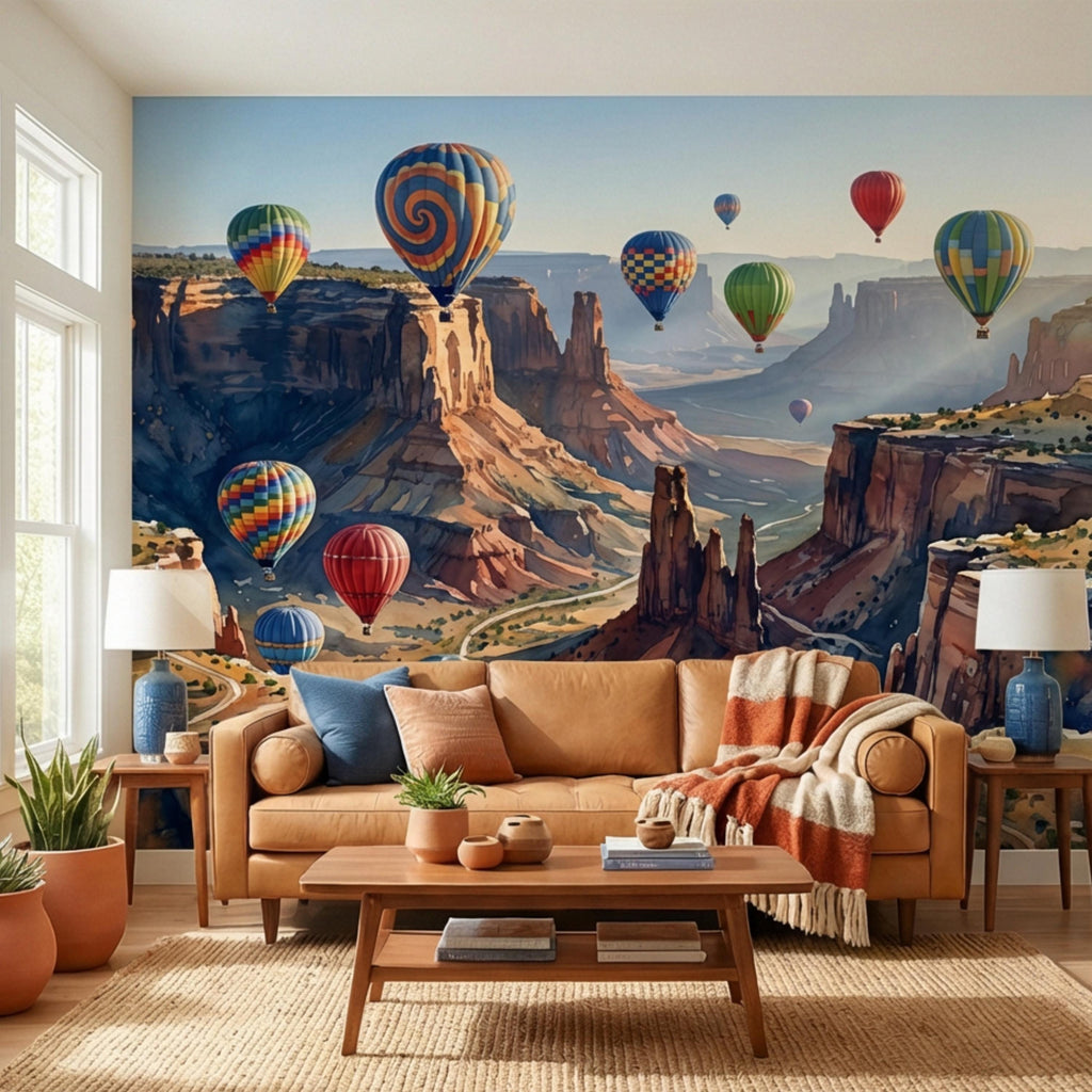 Grand Canyon Hot Air Balloons Peel and Stick Wall Mural, Colorful Southwest Desert Landscape Wallpaper, Monument Valley Scenic Wall Decor