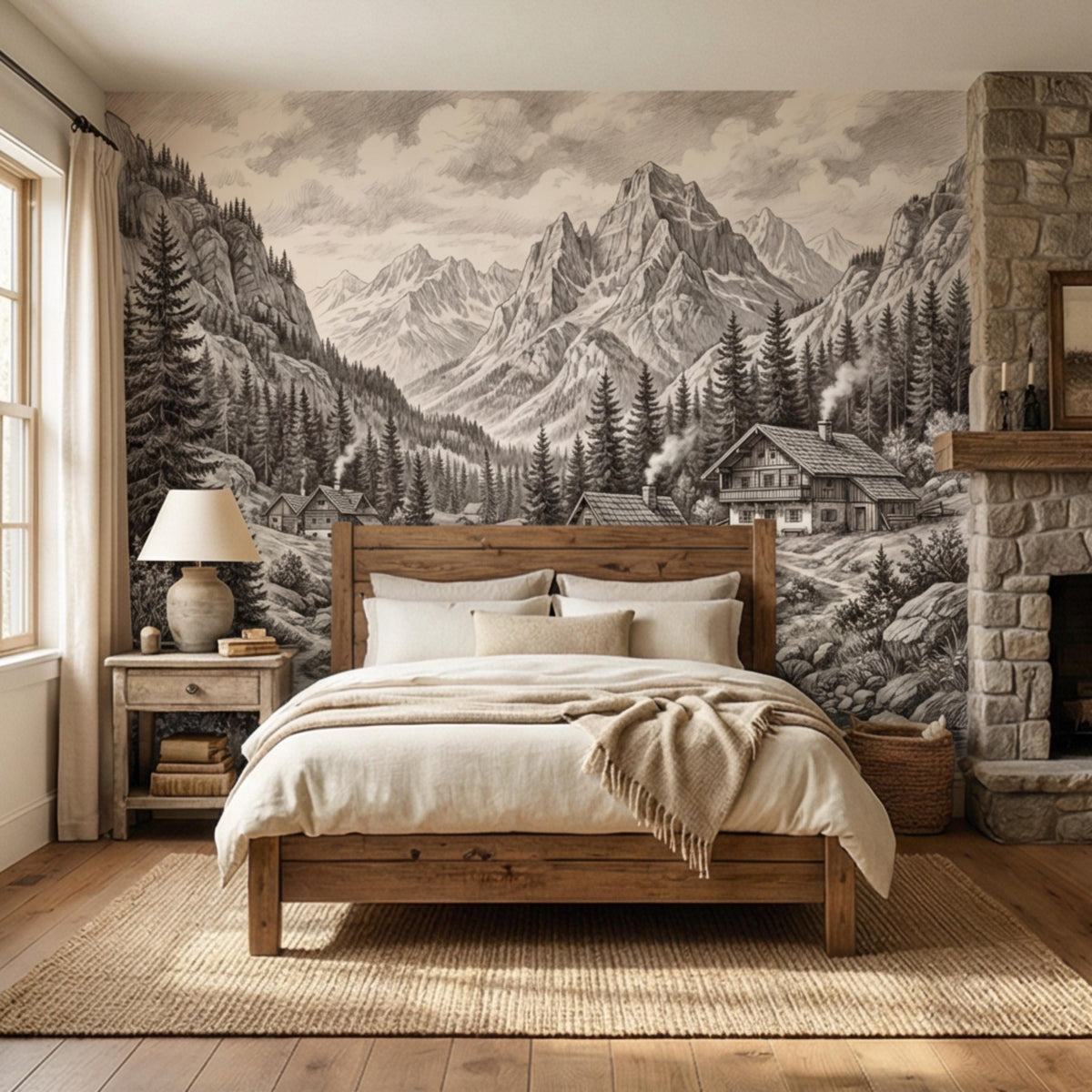 Black-and-white alpine cabin village wall mural with tall pine trees and distant mountains