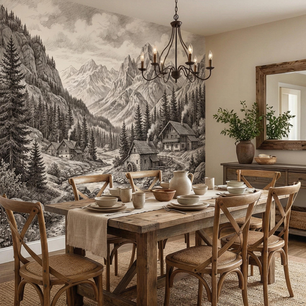 Vintage alpine village wall mural with snowy houses, rocky mountain peaks, and evergreen trees
