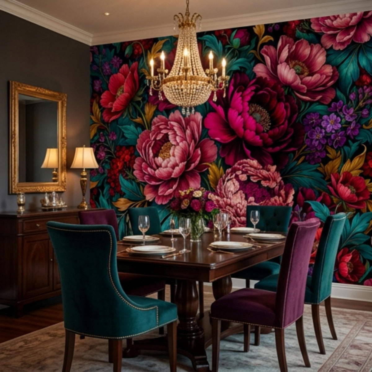 Floral botanical wall mural with vibrant peonies and small purple flowers clustered