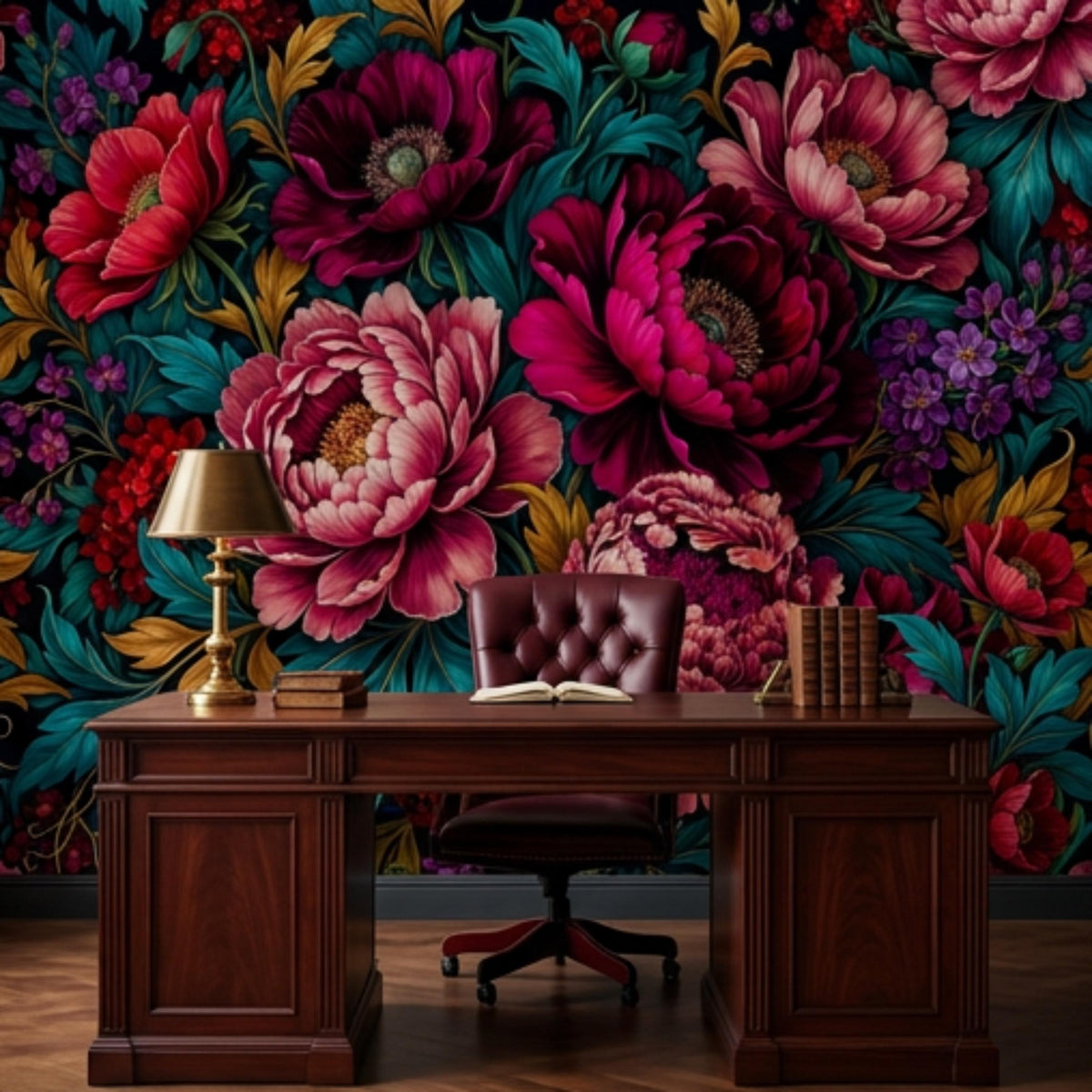 Floral botanical wall mural with layered peony blossoms in magenta, pink, and dark red