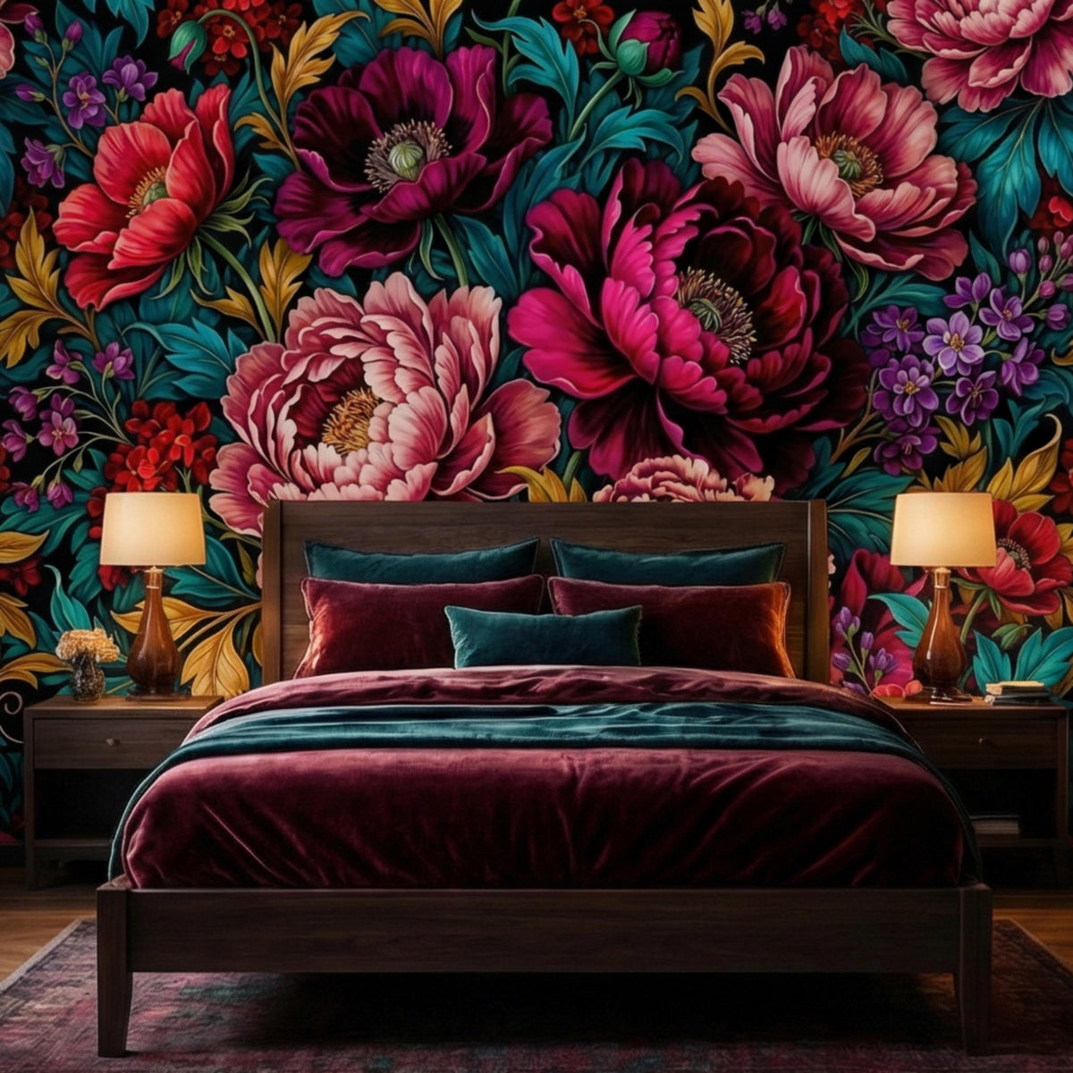 Floral botanical wall mural featuring large pink and burgundy peony blooms with foliage