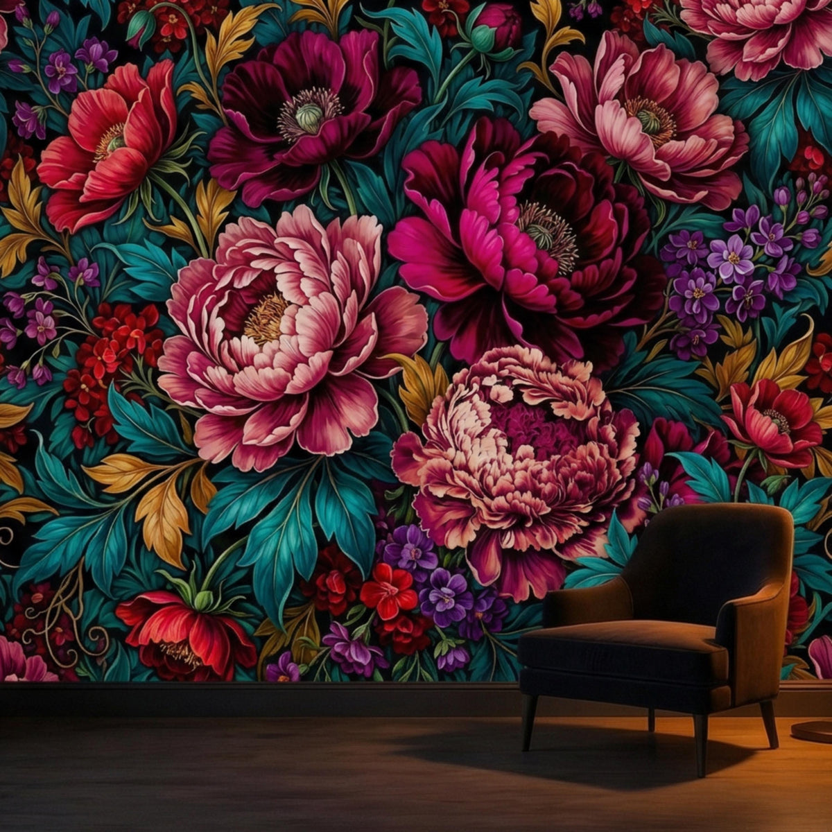 Floral botanical wall mural close-up of pink and burgundy peonies with leafy accents