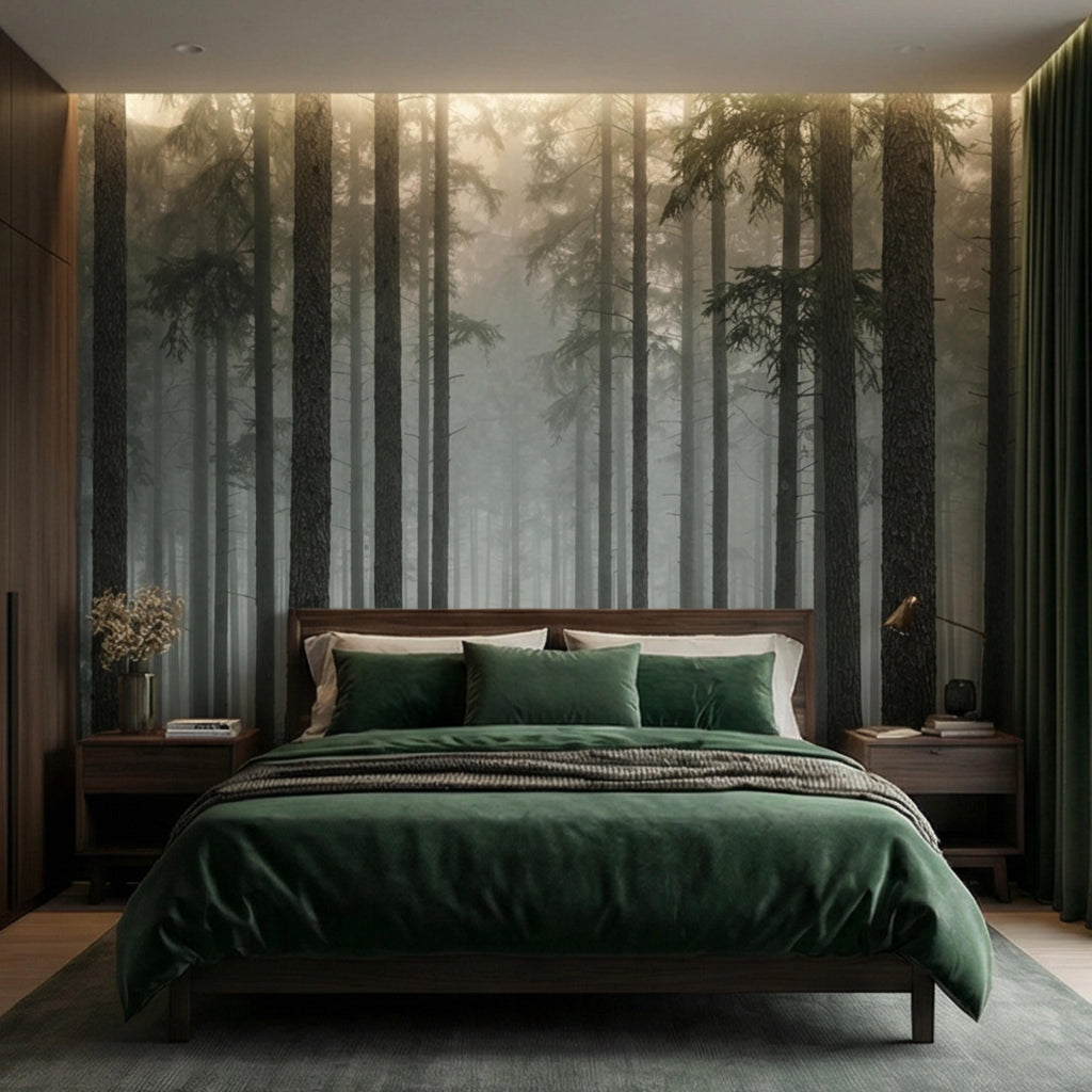 Moody Misty Pine Forest Peel and Stick Wall Mural, Dark Evergreen Woodland Fog Landscape Wallpaper, Dramatic Nature Statement Wall Decor