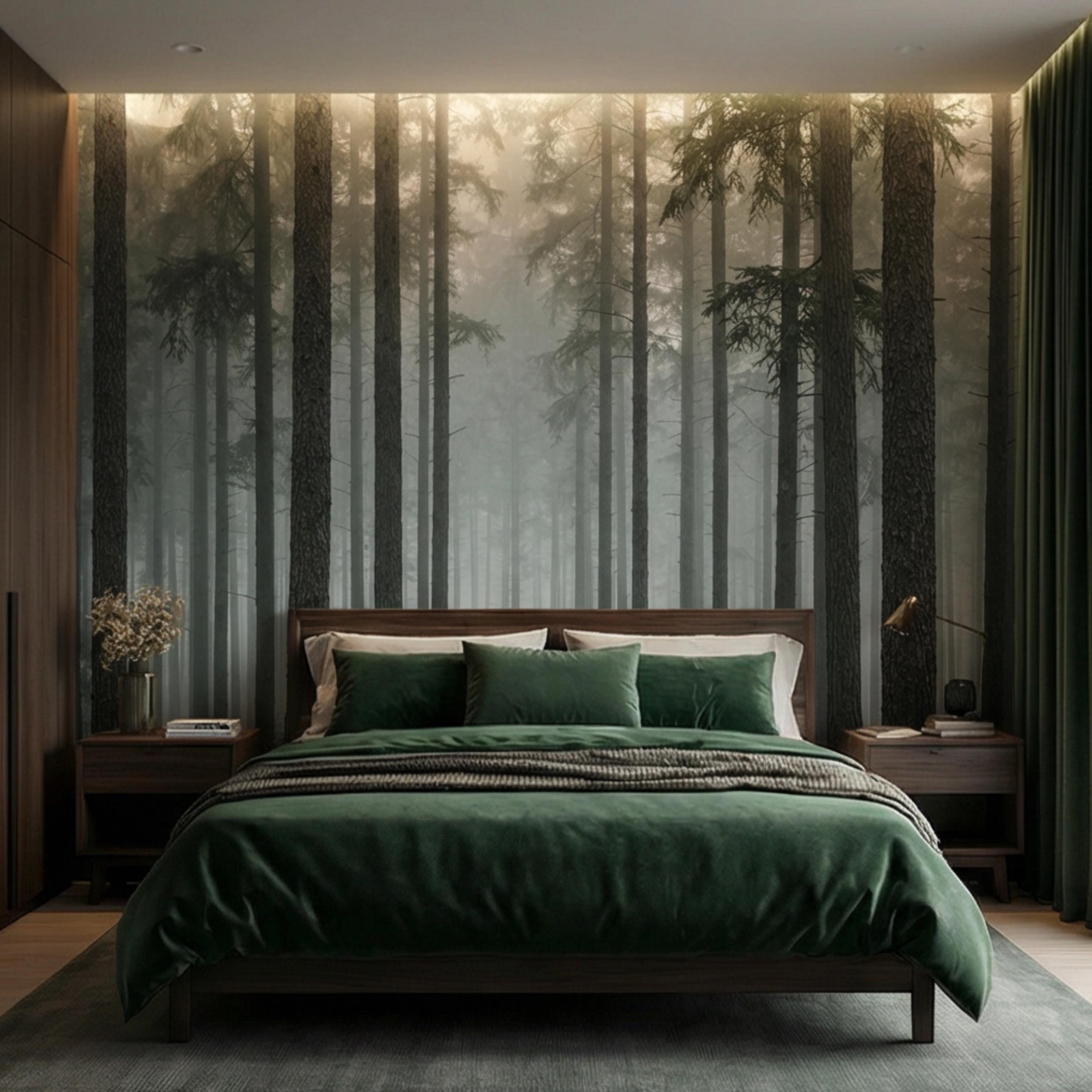 Moody Misty Pine Forest Peel and Stick Wall Mural, Dark Evergreen Woodland Fog Landscape Wallpaper, Dramatic Nature Statement Wall Decor