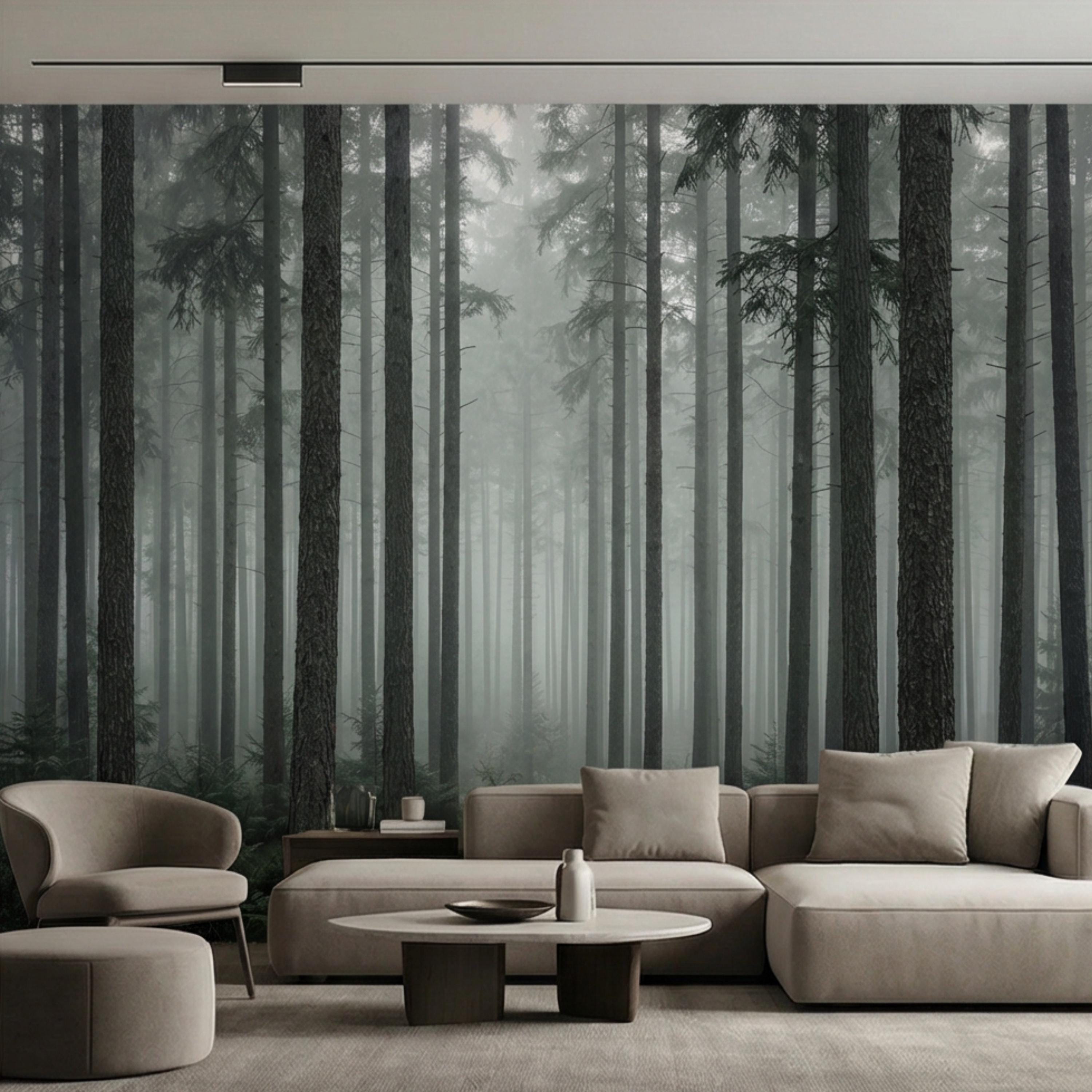 Moody Misty Pine Forest Peel and Stick Wall Mural, Dark Evergreen Woodland Fog Landscape Wallpaper, Dramatic Nature Statement Wall Decor