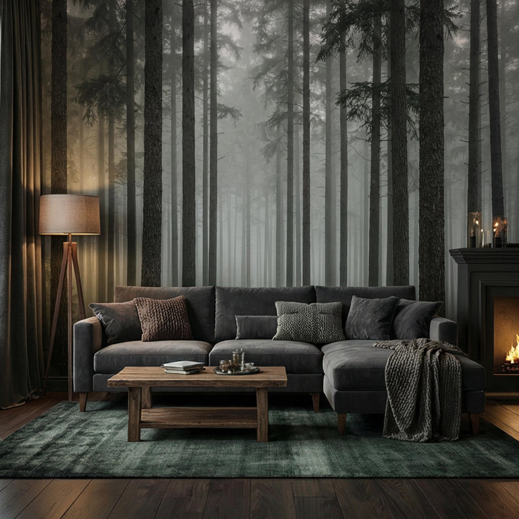 Moody Misty Pine Forest Peel and Stick Wall Mural, Dark Evergreen Woodland Fog Landscape Wallpaper, Dramatic Nature Statement Wall Decor