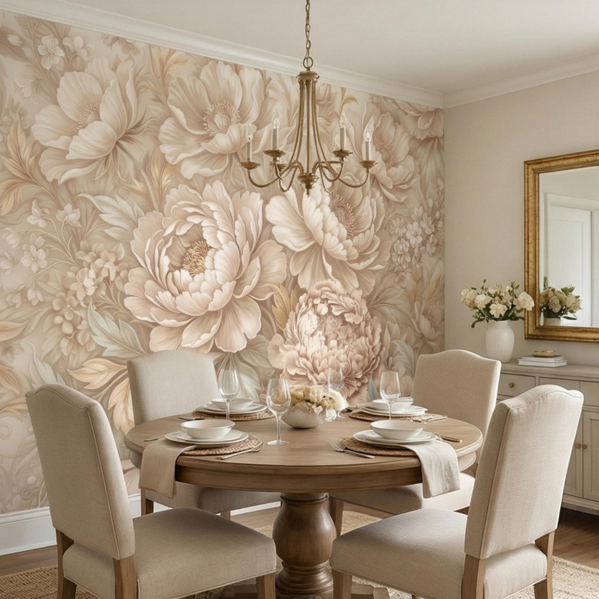 Peony floral wall mural with vintage-style cream and blush flower clusters on beige