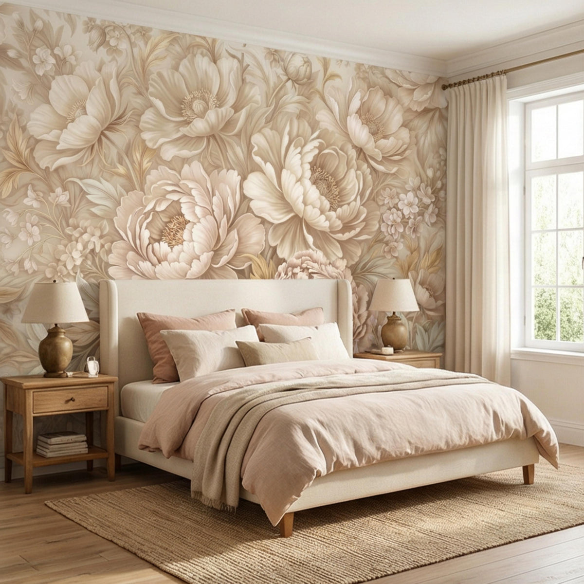 Peony floral wall mural featuring large cream blossoms and small floral sprigs on beige