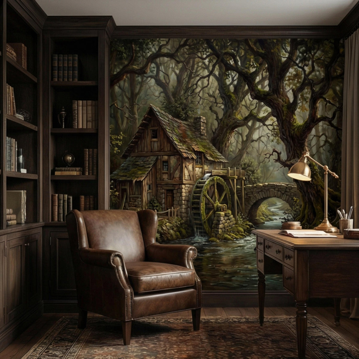 Woodland cottage wall mural with river pathway, water wheel, and towering branches.