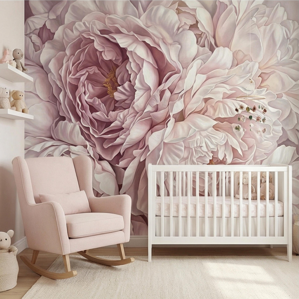 Close-up peony wall mural with blush-pink rosette petals and white floral accents