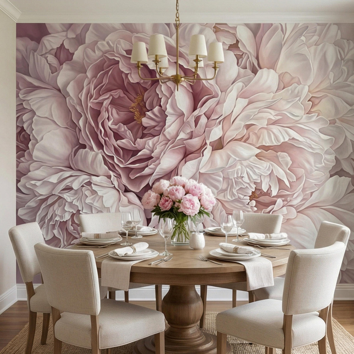 Peony wall mural with layered blush and cream flower clusters over the full wall