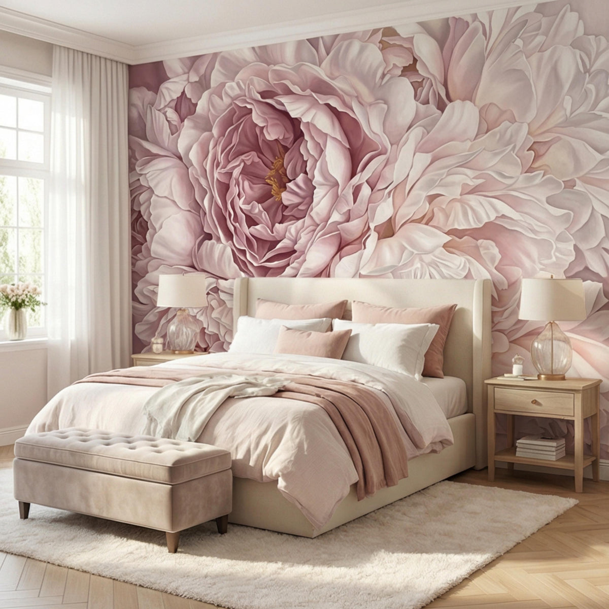 Peony wall mural featuring a large blush center bloom and surrounding cream petals