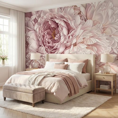 Peony wall mural featuring a large blush center bloom and surrounding cream petals