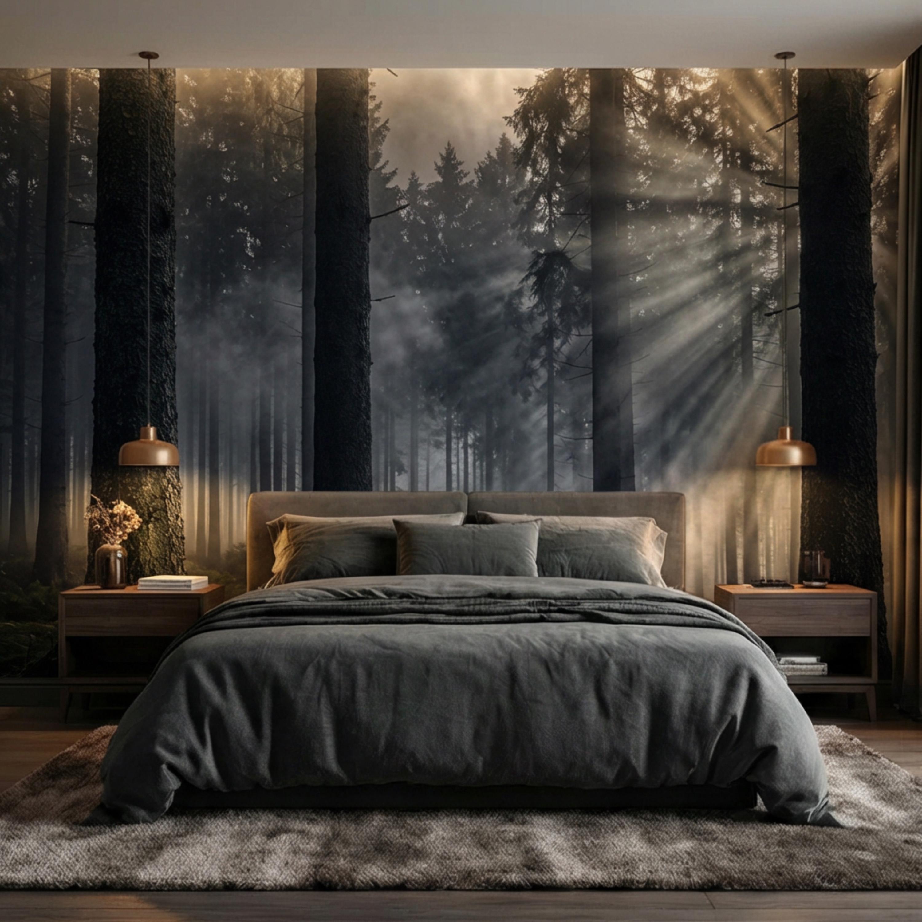 Moody Misty Forest Peel and Stick Wall Mural, Dark Pine Woodland with Sun Rays, Dramatic Evergreen Nature Wallpaper