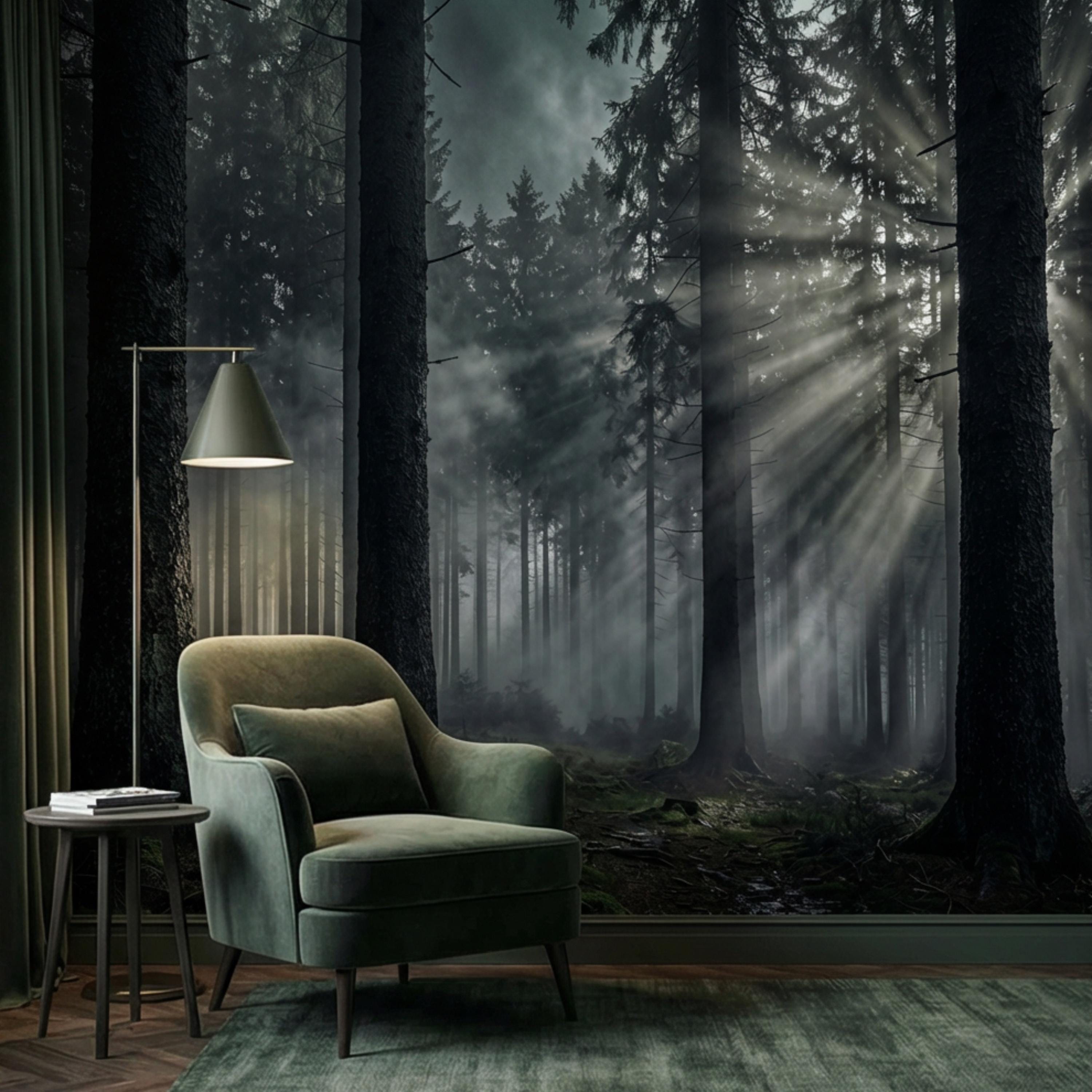 Moody Misty Forest Peel and Stick Wall Mural, Dark Pine Woodland with Sun Rays, Dramatic Evergreen Nature Wallpaper