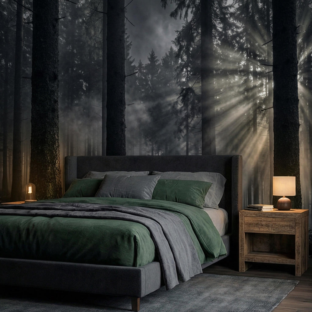 Moody Misty Forest Peel and Stick Wall Mural, Dark Pine Woodland with Sun Rays, Dramatic Evergreen Nature Wallpaper