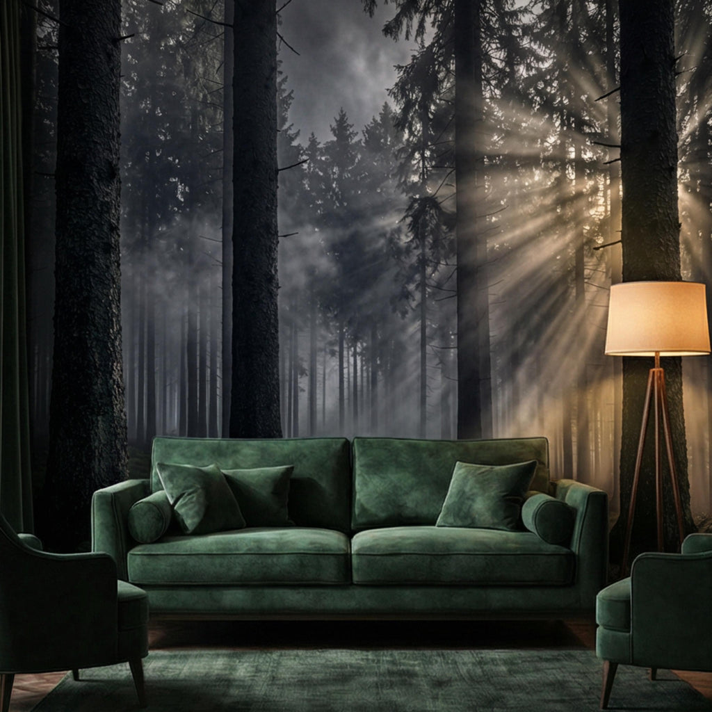 Moody Misty Forest Peel and Stick Wall Mural, Dark Pine Woodland with Sun Rays, Dramatic Evergreen Nature Wallpaper