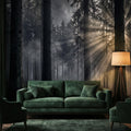 Moody Misty Forest Peel and Stick Wall Mural, Dark Pine Woodland with Sun Rays, Dramatic Evergreen Nature Wallpaper