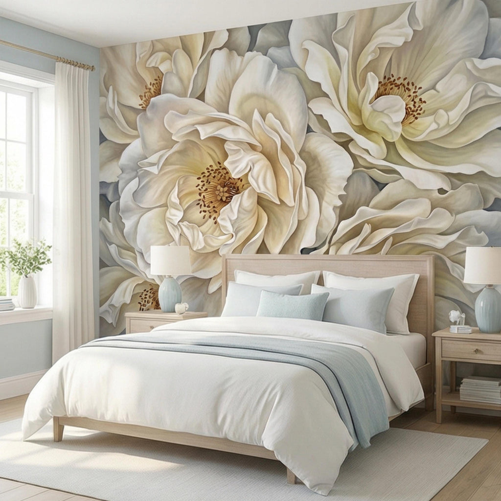 Cream Ivory Peony Peel and Stick Wall Mural, Oversized Neutral Floral Wallpaper, Elegant Beige Botanical Statement Wall Decor