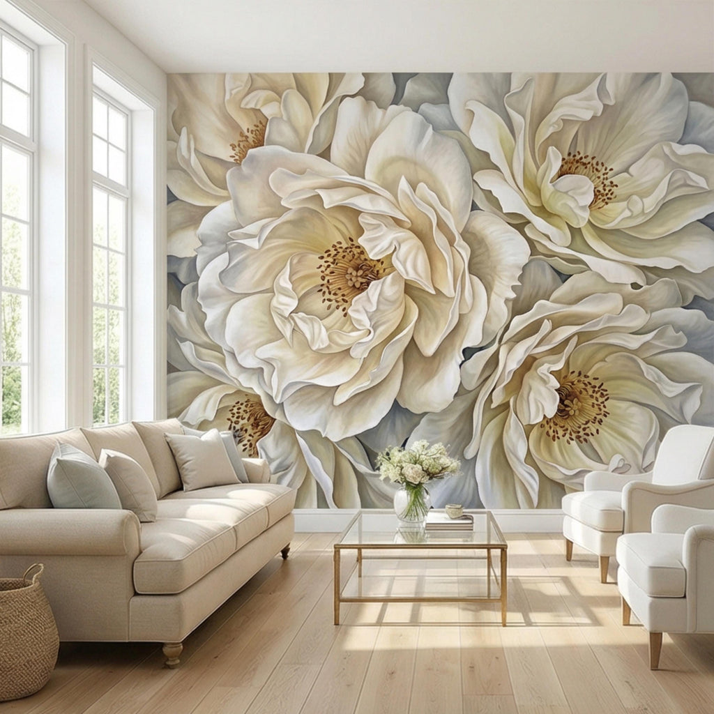 Cream Ivory Peony Peel and Stick Wall Mural, Oversized Neutral Floral Wallpaper, Elegant Beige Botanical Statement Wall Decor