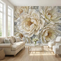 Cream Ivory Peony Peel and Stick Wall Mural, Oversized Neutral Floral Wallpaper, Elegant Beige Botanical Statement Wall Decor