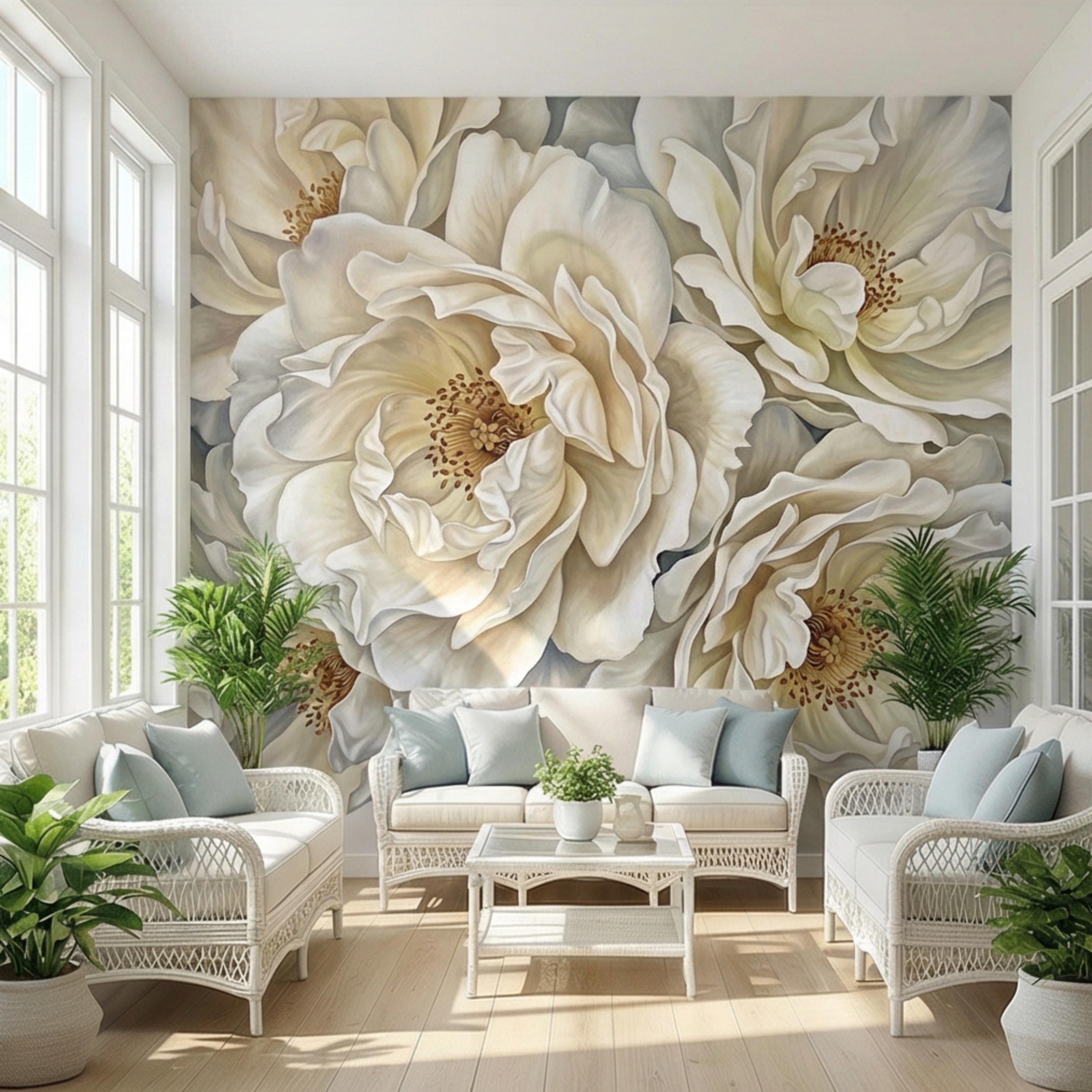 Cream Ivory Peony Peel and Stick Wall Mural, Oversized Neutral Floral Wallpaper, Elegant Beige Botanical Statement Wall Decor