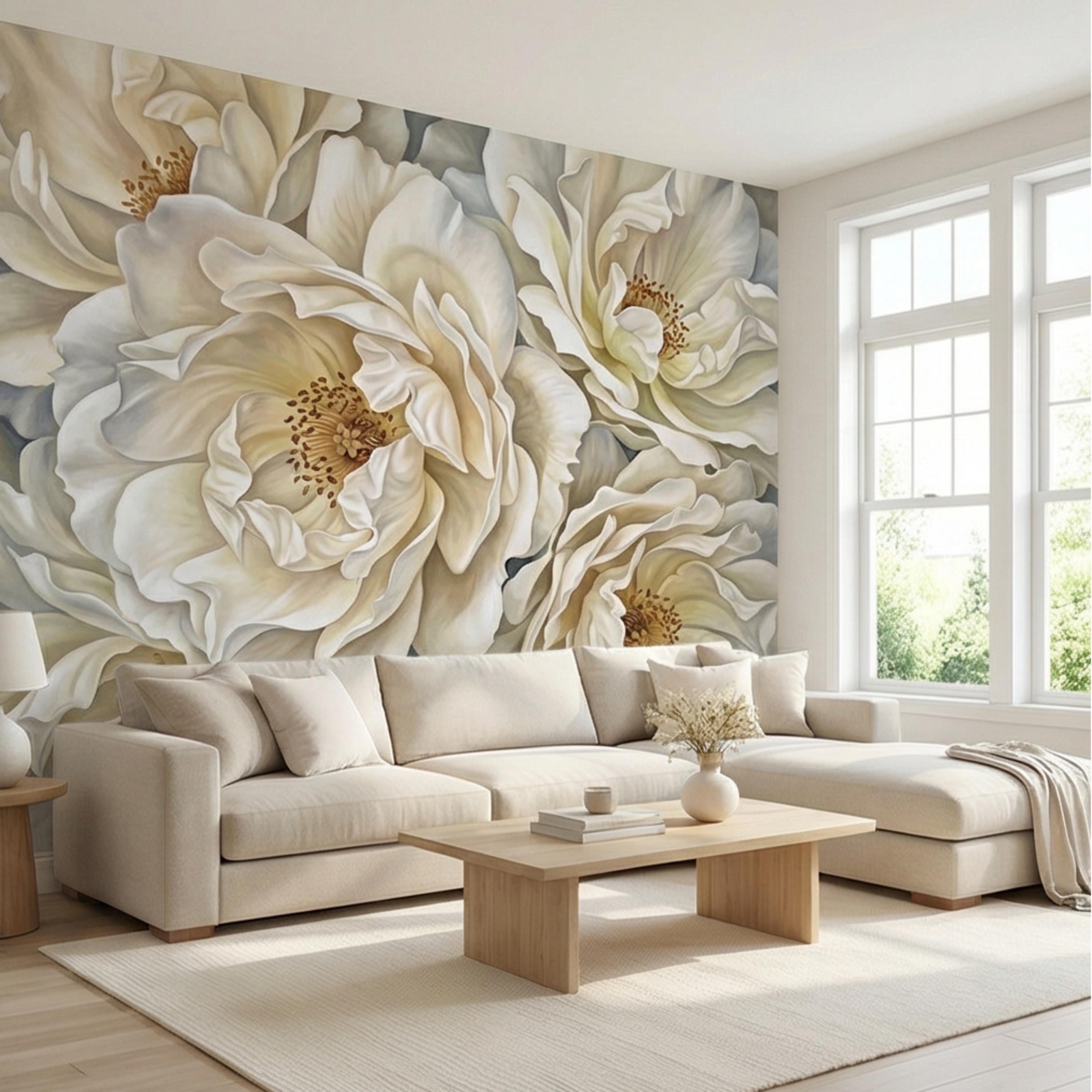Cream Ivory Peony Peel and Stick Wall Mural, Oversized Neutral Floral Wallpaper, Elegant Beige Botanical Statement Wall Decor