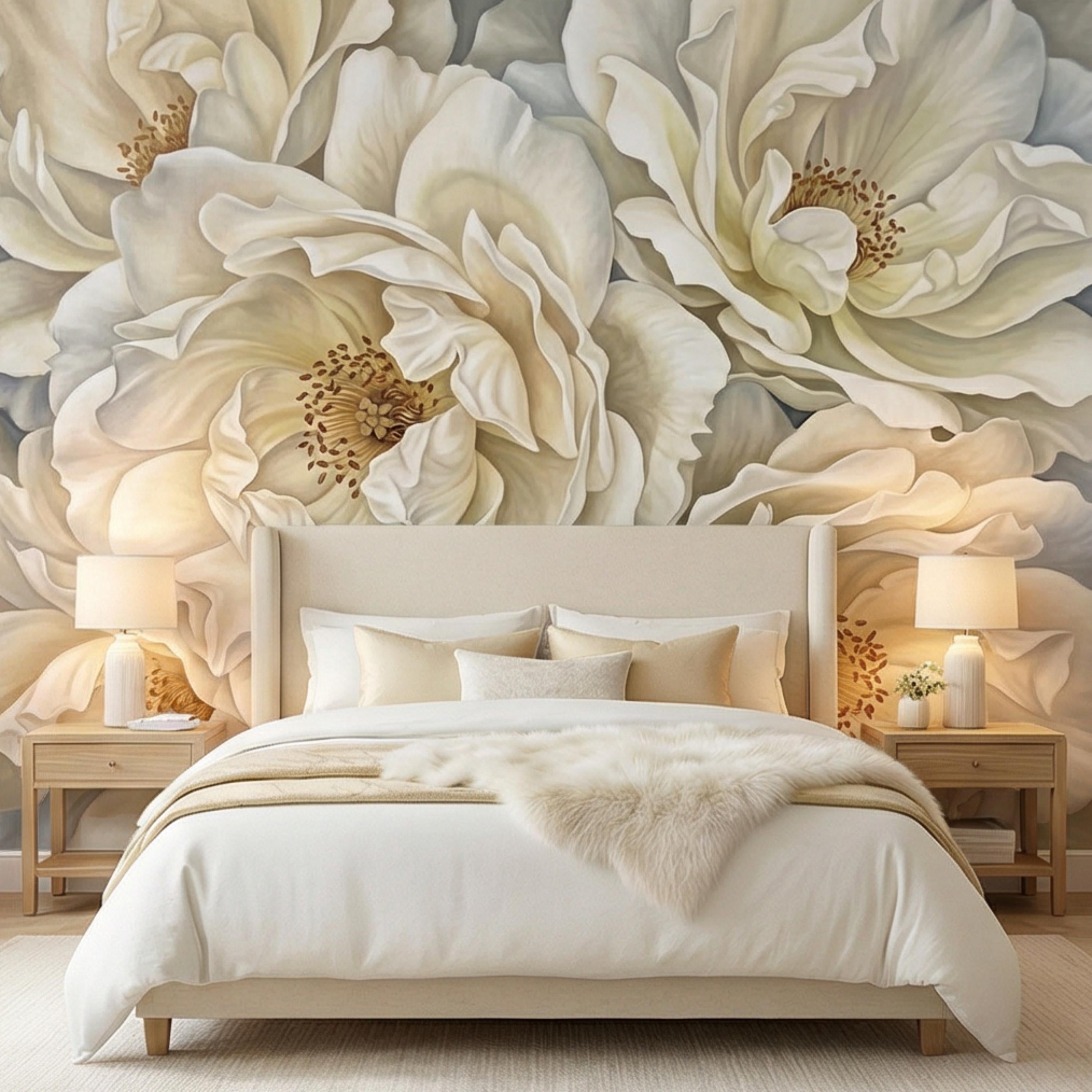 Cream Ivory Peony Peel and Stick Wall Mural, Oversized Neutral Floral Wallpaper, Elegant Beige Botanical Statement Wall Decor