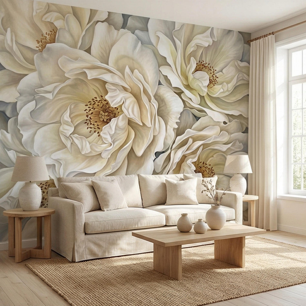 Cream Ivory Peony Peel and Stick Wall Mural, Oversized Neutral Floral Wallpaper, Elegant Beige Botanical Statement Wall Decor