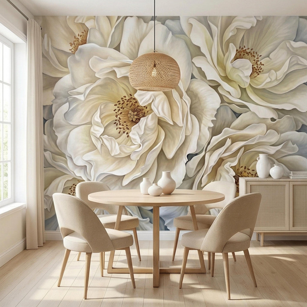 Cream Ivory Peony Peel and Stick Wall Mural, Oversized Neutral Floral Wallpaper, Elegant Beige Botanical Statement Wall Decor
