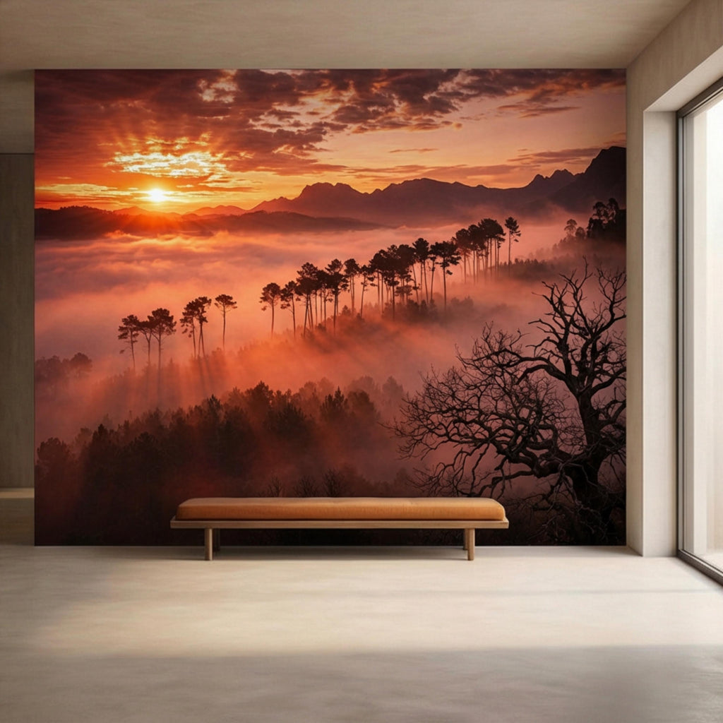 Golden Sunset Misty Forest Peel and Stick Wall Mural, Dramatic Mountain Landscape with Sun Rays, Warm Nature Scenic Wallpaper