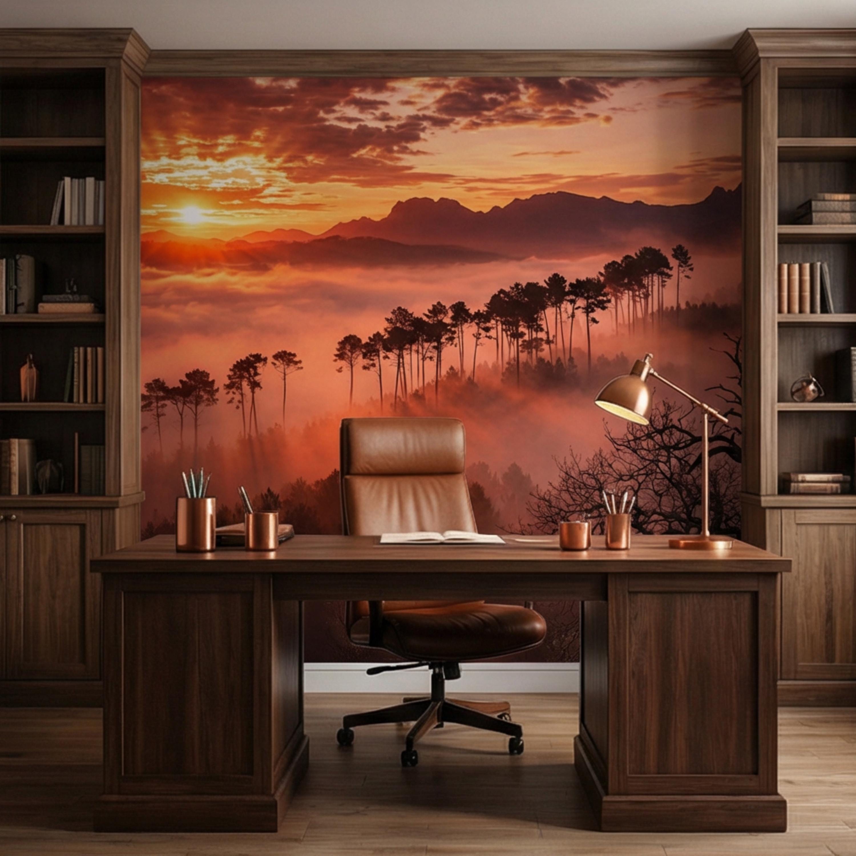 Golden Sunset Misty Forest Peel and Stick Wall Mural, Dramatic Mountain Landscape with Sun Rays, Warm Nature Scenic Wallpaper