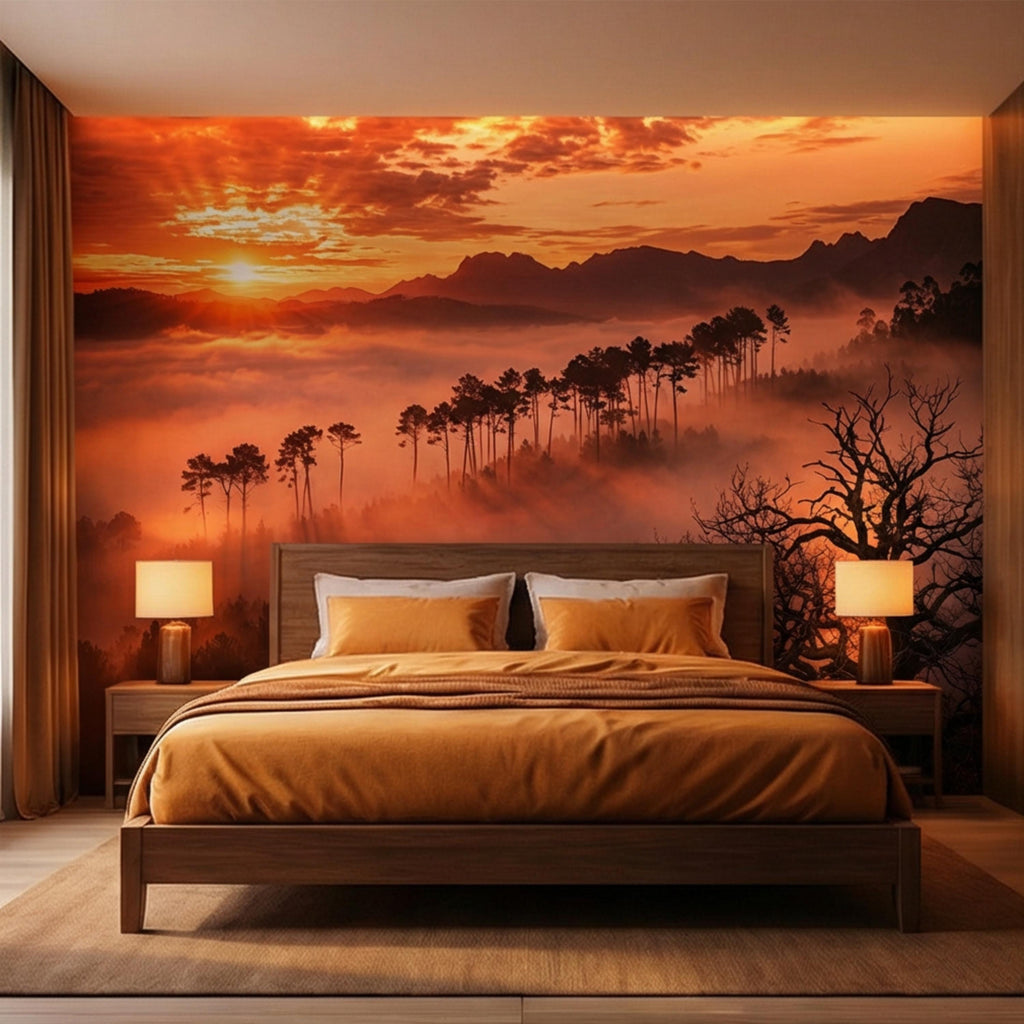 Golden Sunset Misty Forest Peel and Stick Wall Mural, Dramatic Mountain Landscape with Sun Rays, Warm Nature Scenic Wallpaper