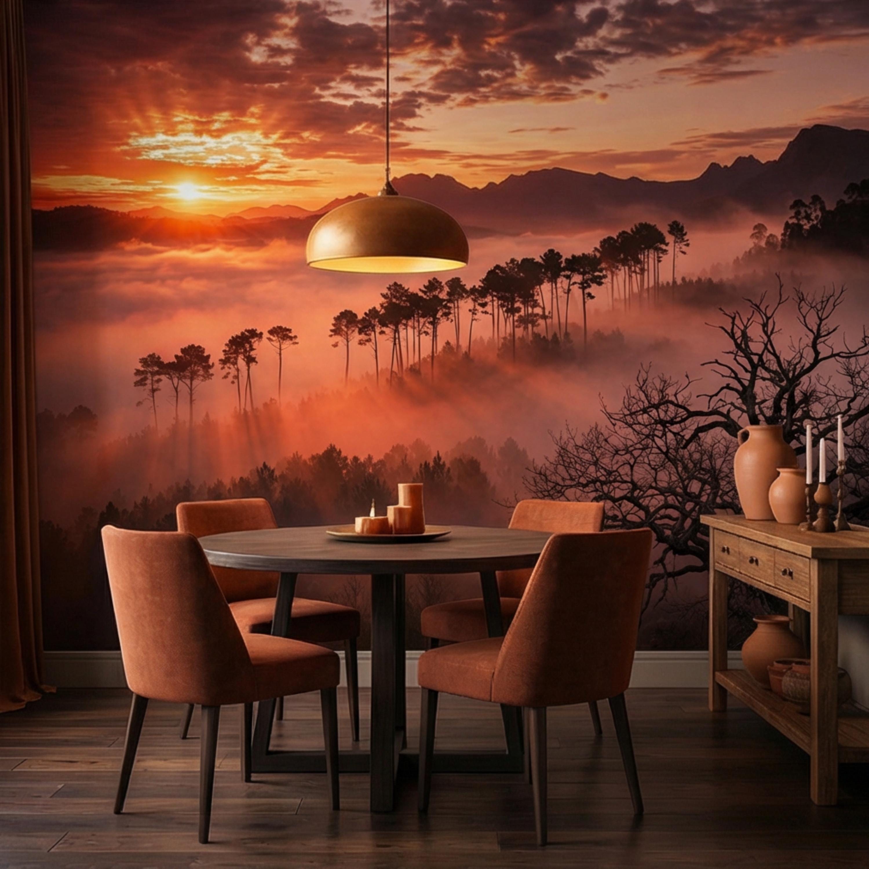 Golden Sunset Misty Forest Peel and Stick Wall Mural, Dramatic Mountain Landscape with Sun Rays, Warm Nature Scenic Wallpaper