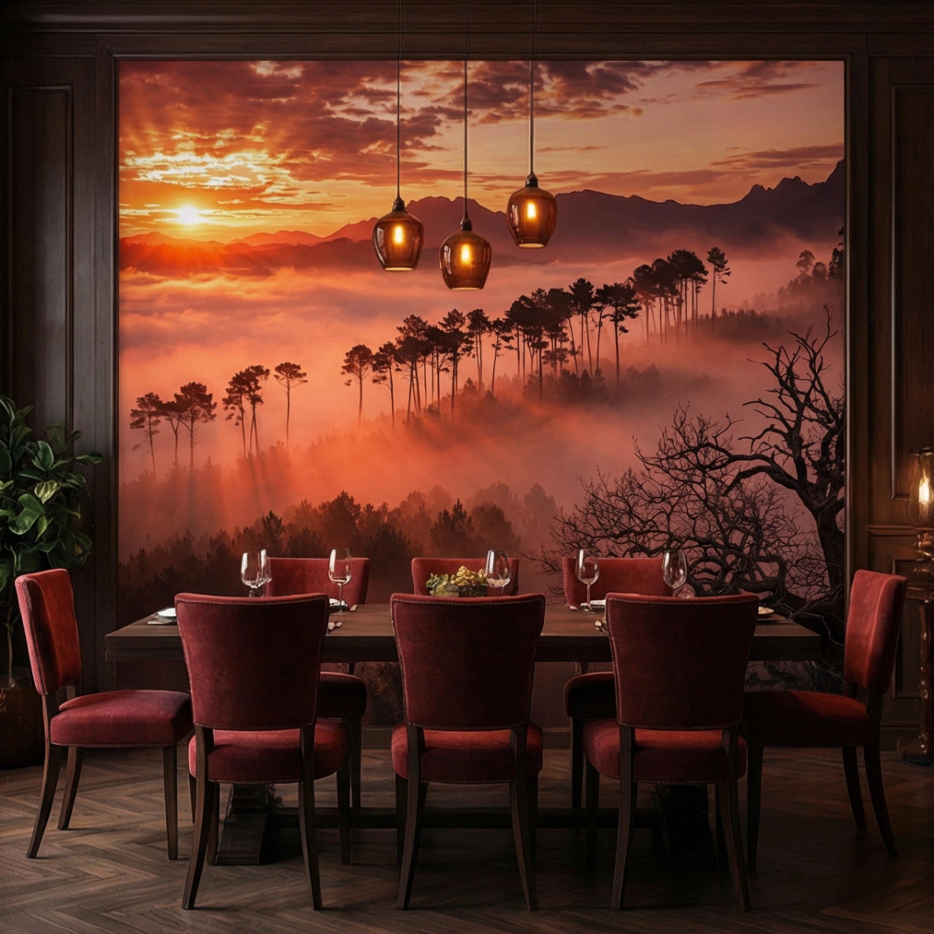 Golden Sunset Misty Forest Peel and Stick Wall Mural, Dramatic Mountain Landscape with Sun Rays, Warm Nature Scenic Wallpaper