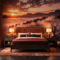 Golden Sunset Misty Forest Peel and Stick Wall Mural, Dramatic Mountain Landscape with Sun Rays, Warm Nature Scenic Wallpaper