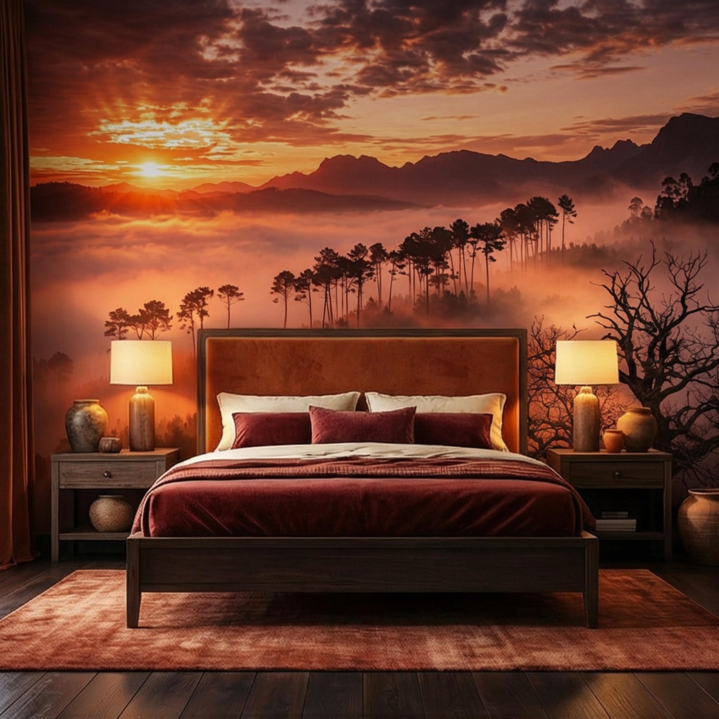 Golden Sunset Misty Forest Peel and Stick Wall Mural, Dramatic Mountain Landscape with Sun Rays, Warm Nature Scenic Wallpaper