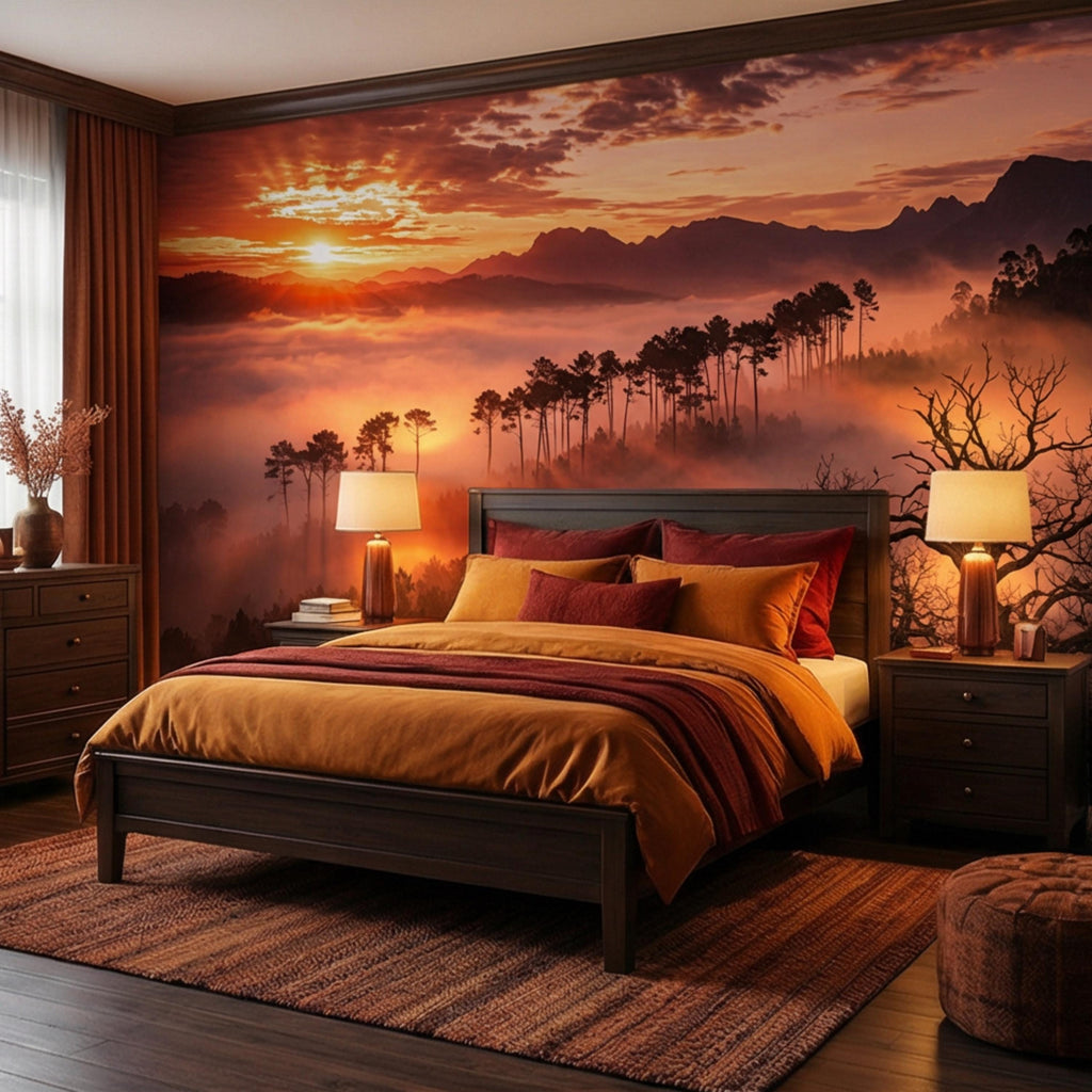 Golden Sunset Misty Forest Peel and Stick Wall Mural, Dramatic Mountain Landscape with Sun Rays, Warm Nature Scenic Wallpaper