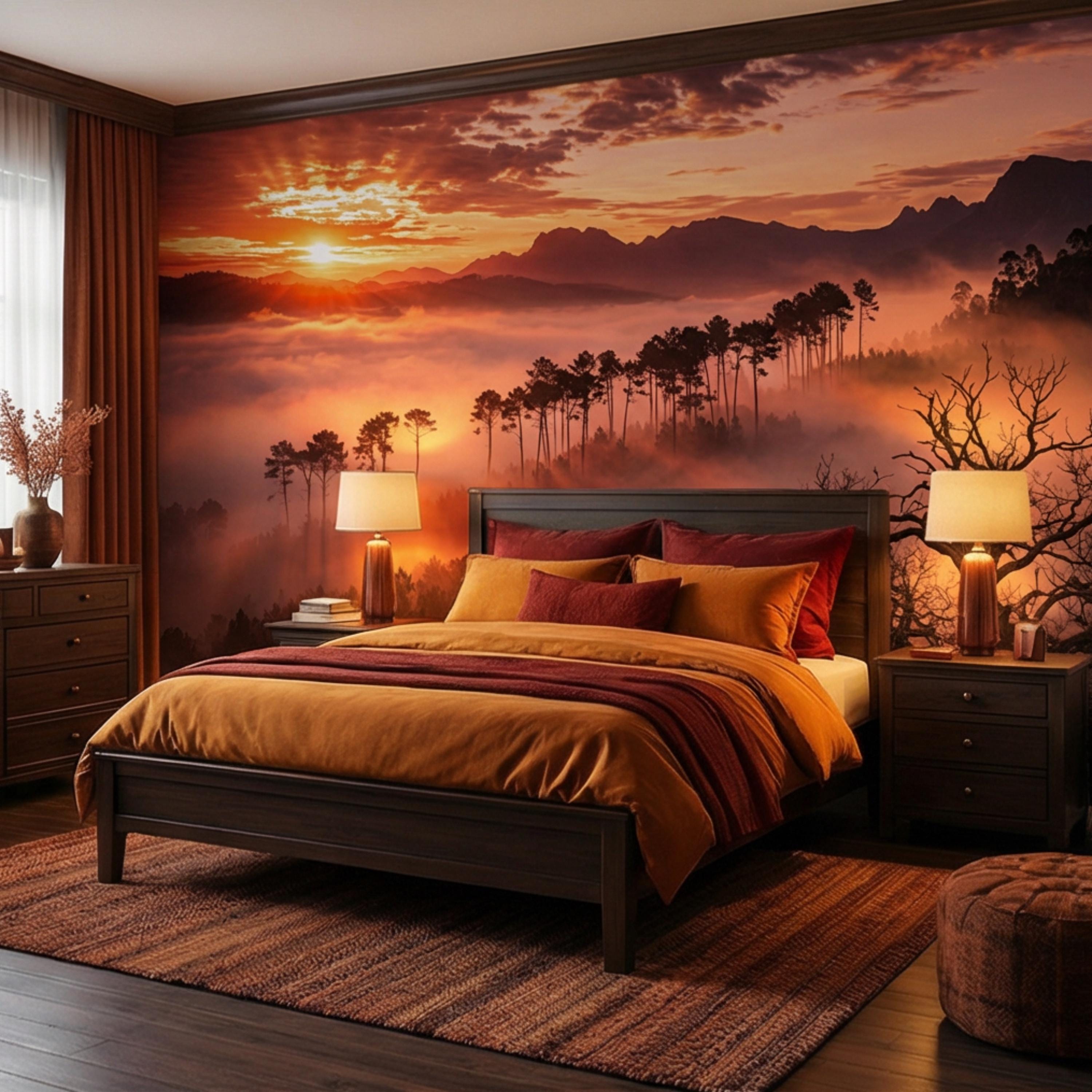 Golden Sunset Misty Forest Peel and Stick Wall Mural, Dramatic Mountain Landscape with Sun Rays, Warm Nature Scenic Wallpaper