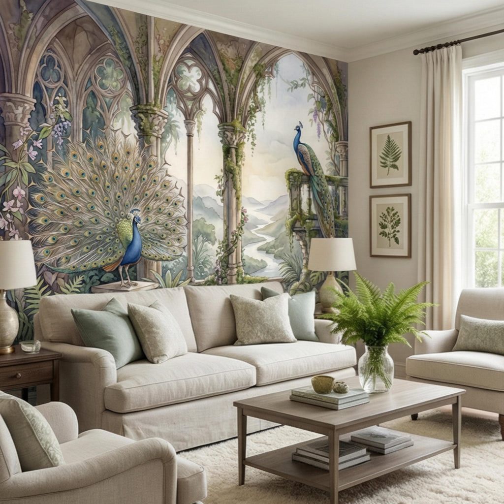Luxury Peacock Garden Peel and Stick Wall Mural, Romantic Gothic Arch Landscape with Tropical Botanicals, Elegant Chinoiserie Wallpaper