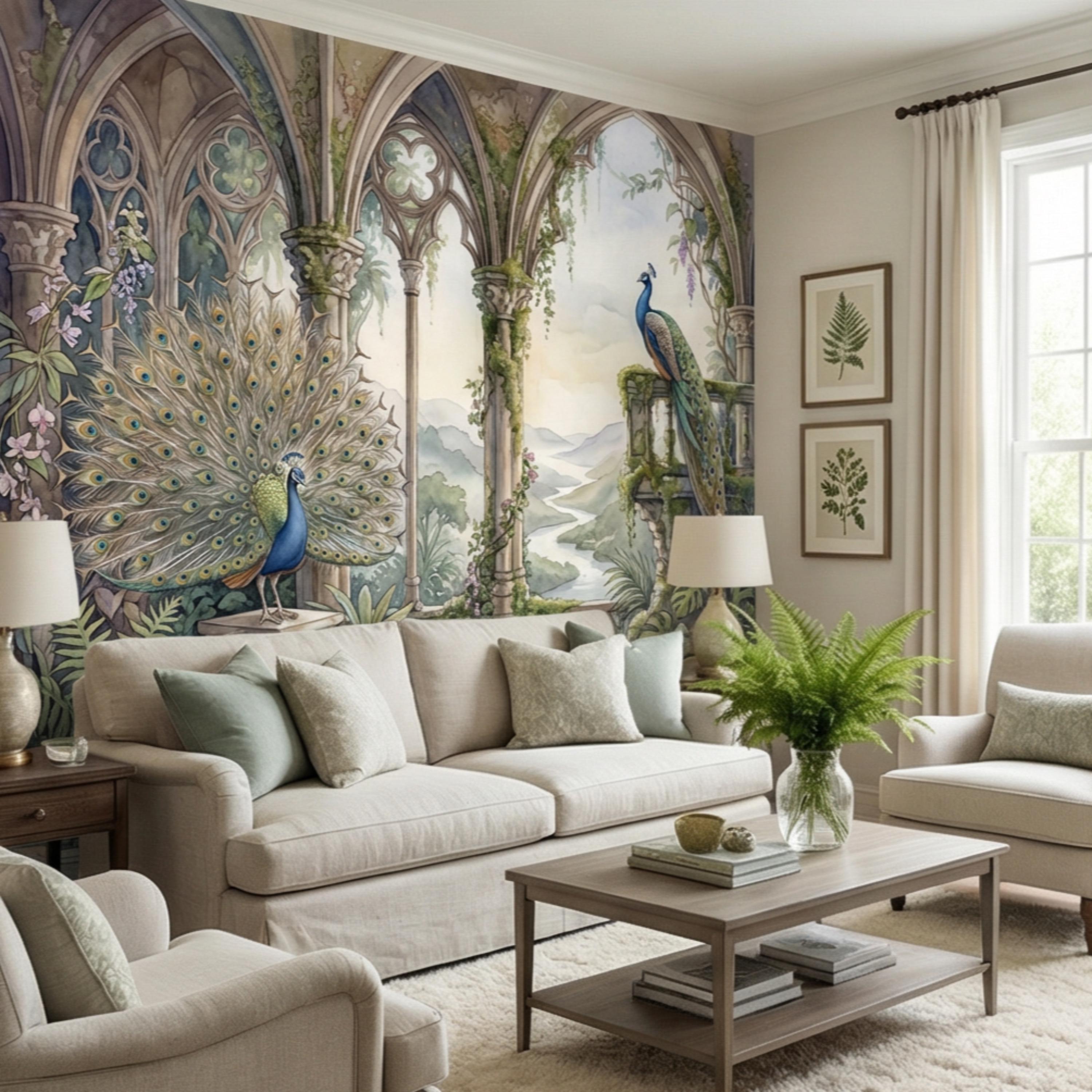 Luxury Peacock Garden Peel and Stick Wall Mural, Romantic Gothic Arch Landscape with Tropical Botanicals, Elegant Chinoiserie Wallpaper