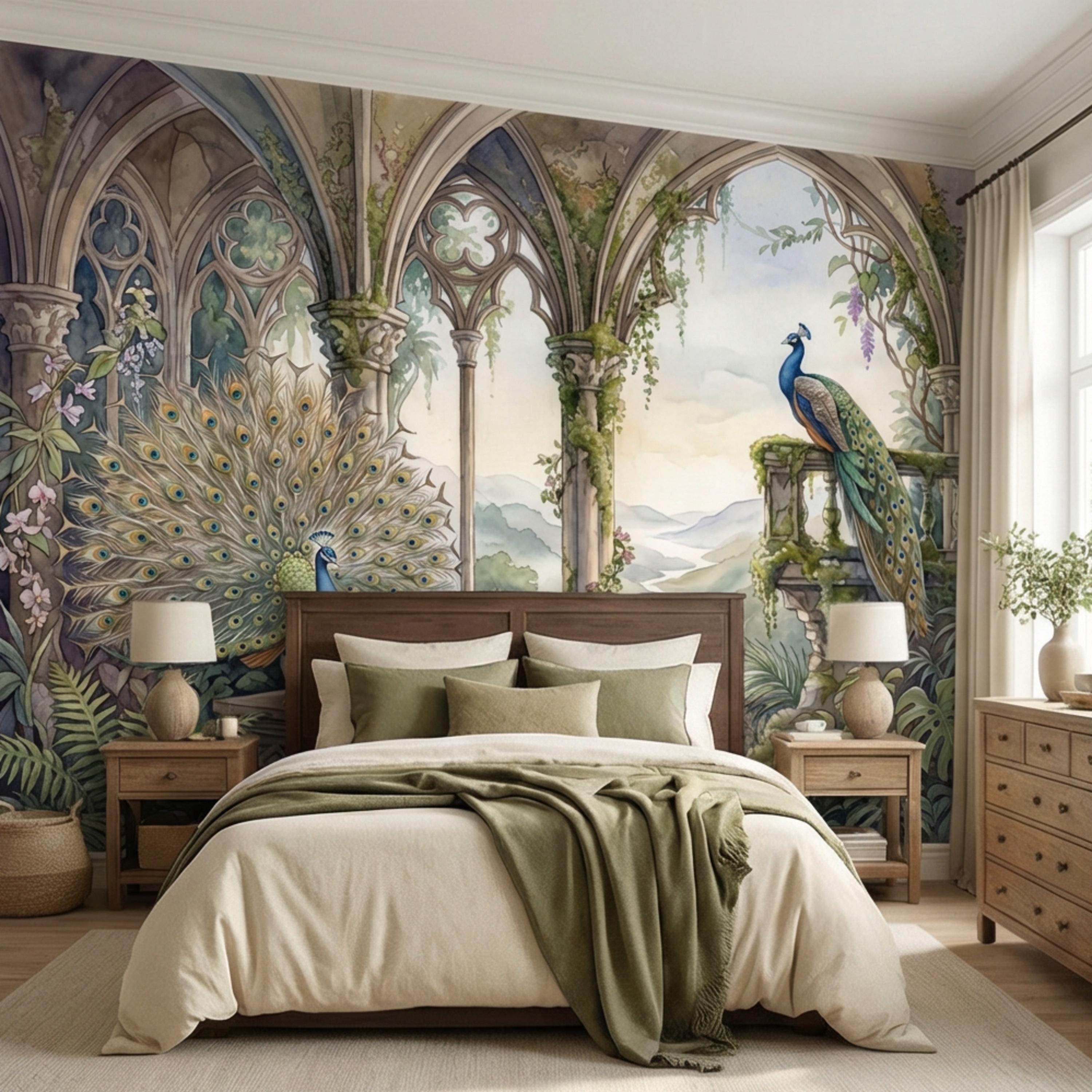 Luxury Peacock Garden Peel and Stick Wall Mural, Romantic Gothic Arch Landscape with Tropical Botanicals, Elegant Chinoiserie Wallpaper