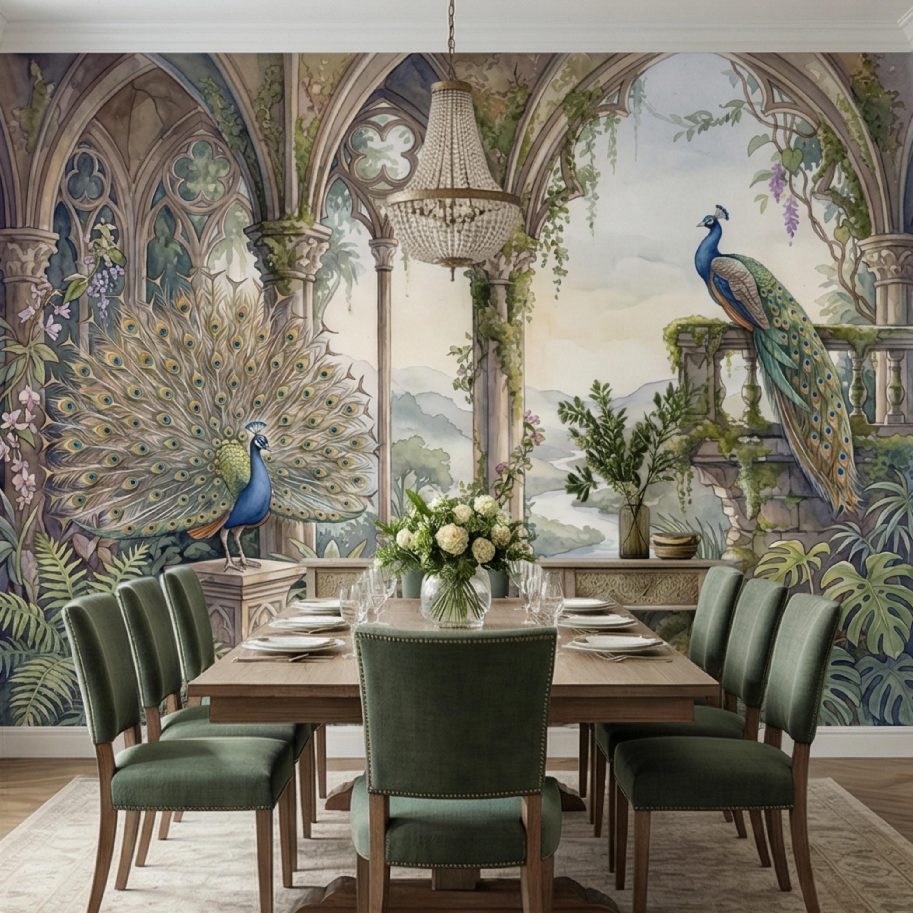 Luxury Peacock Garden Peel and Stick Wall Mural, Romantic Gothic Arch Landscape with Tropical Botanicals, Elegant Chinoiserie Wallpaper
