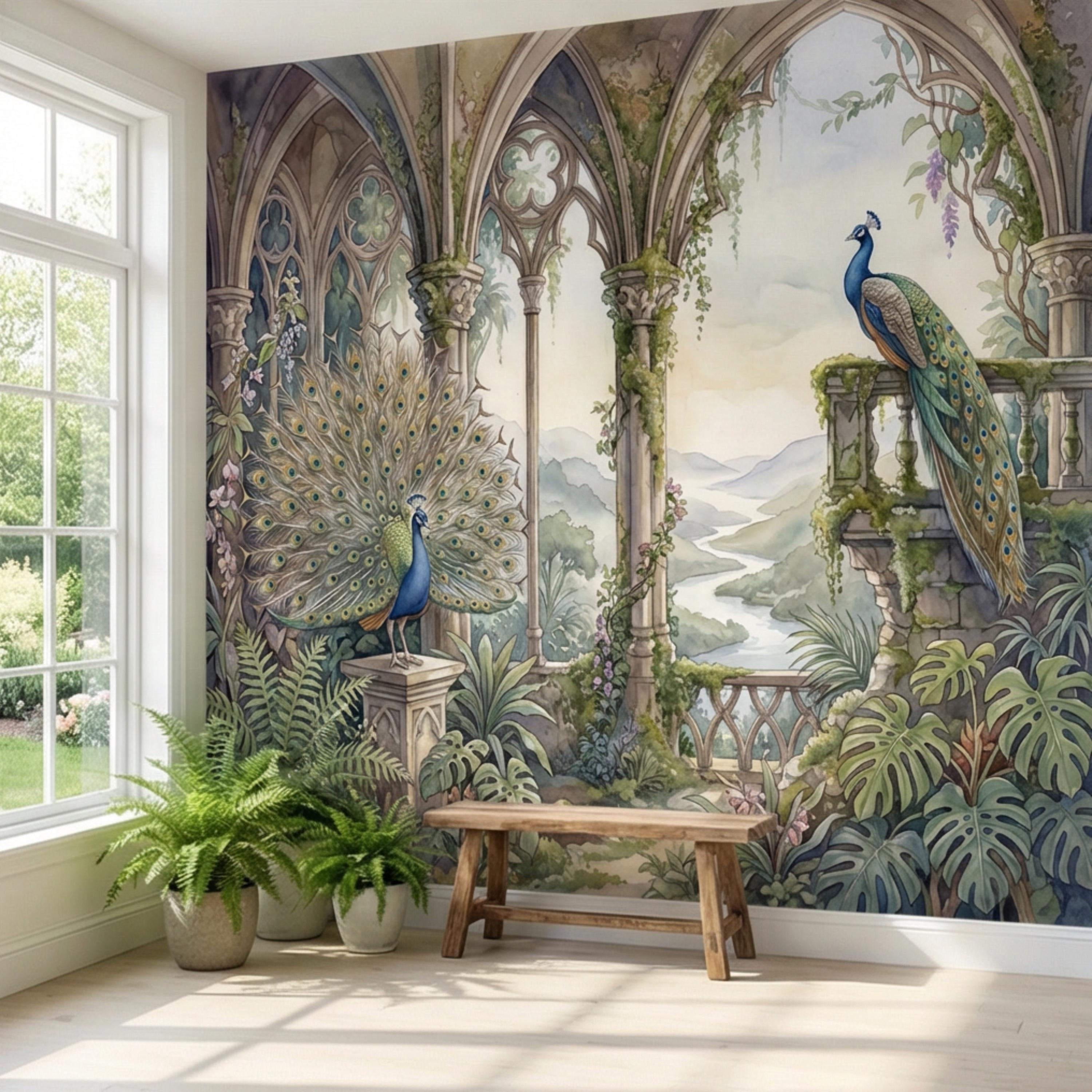 Luxury Peacock Garden Peel and Stick Wall Mural, Romantic Gothic Arch Landscape with Tropical Botanicals, Elegant Chinoiserie Wallpaper
